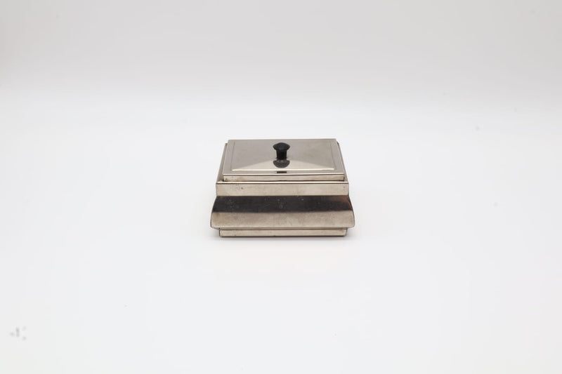 Art Deco Chrome-Plated Box with Bakelite Knob – Netherlands, c. 1930 — lifestyle setting