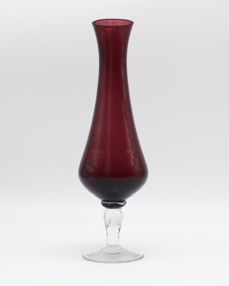Elegant Mid-Century Eggplant Glass Bud Vase on Clear Pedestal Base (c. 1960) by Forma Finds | The Oblist