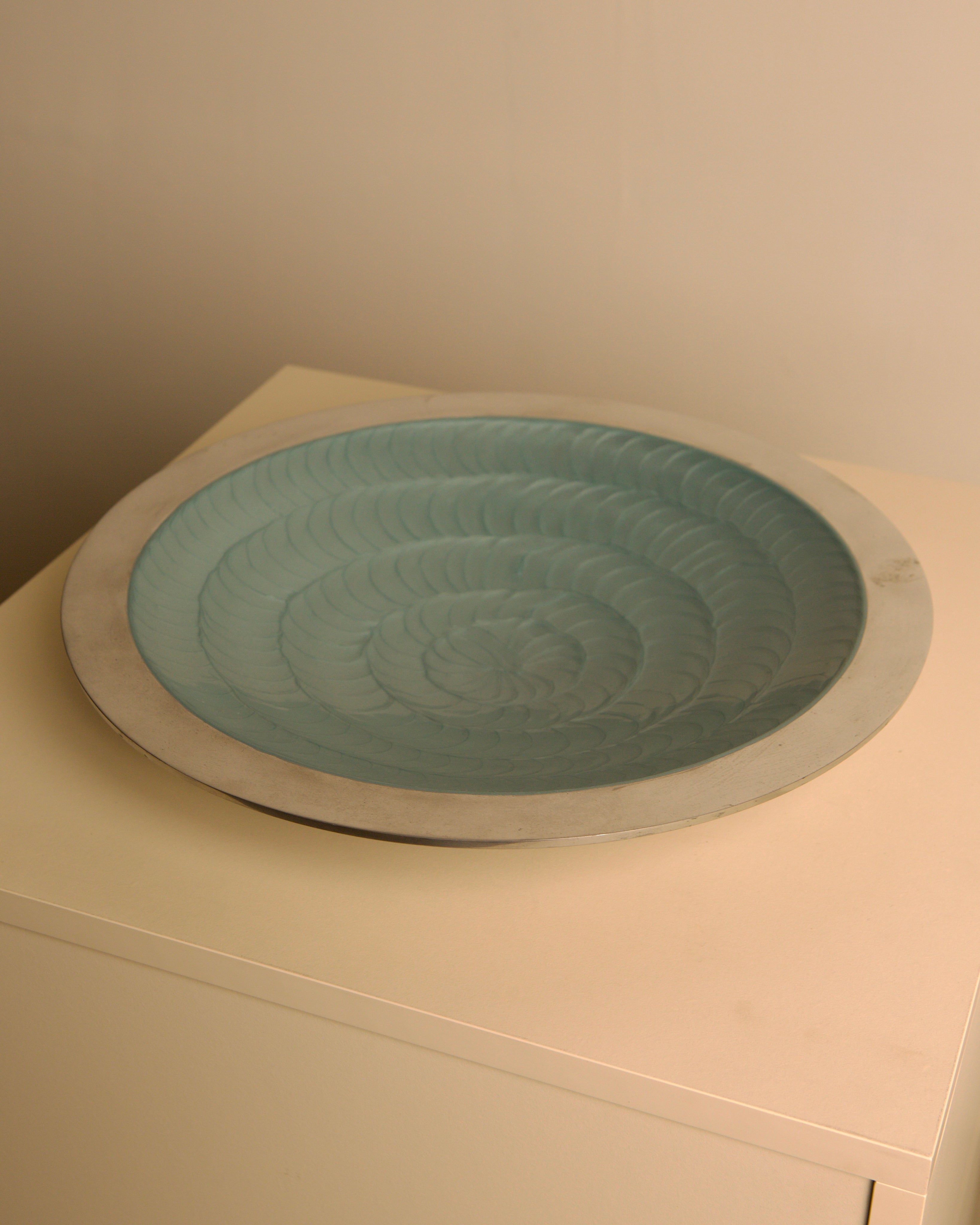 "Galassia" round aluminum dish, Brandani, Italy, 1980s — side angle