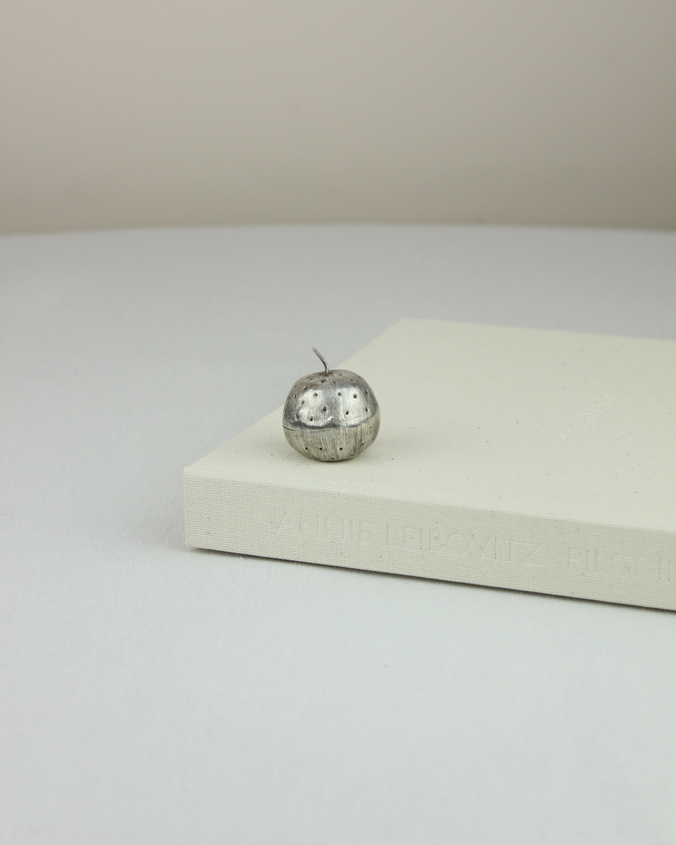 Silver Pillbox — side angle on textured white surface