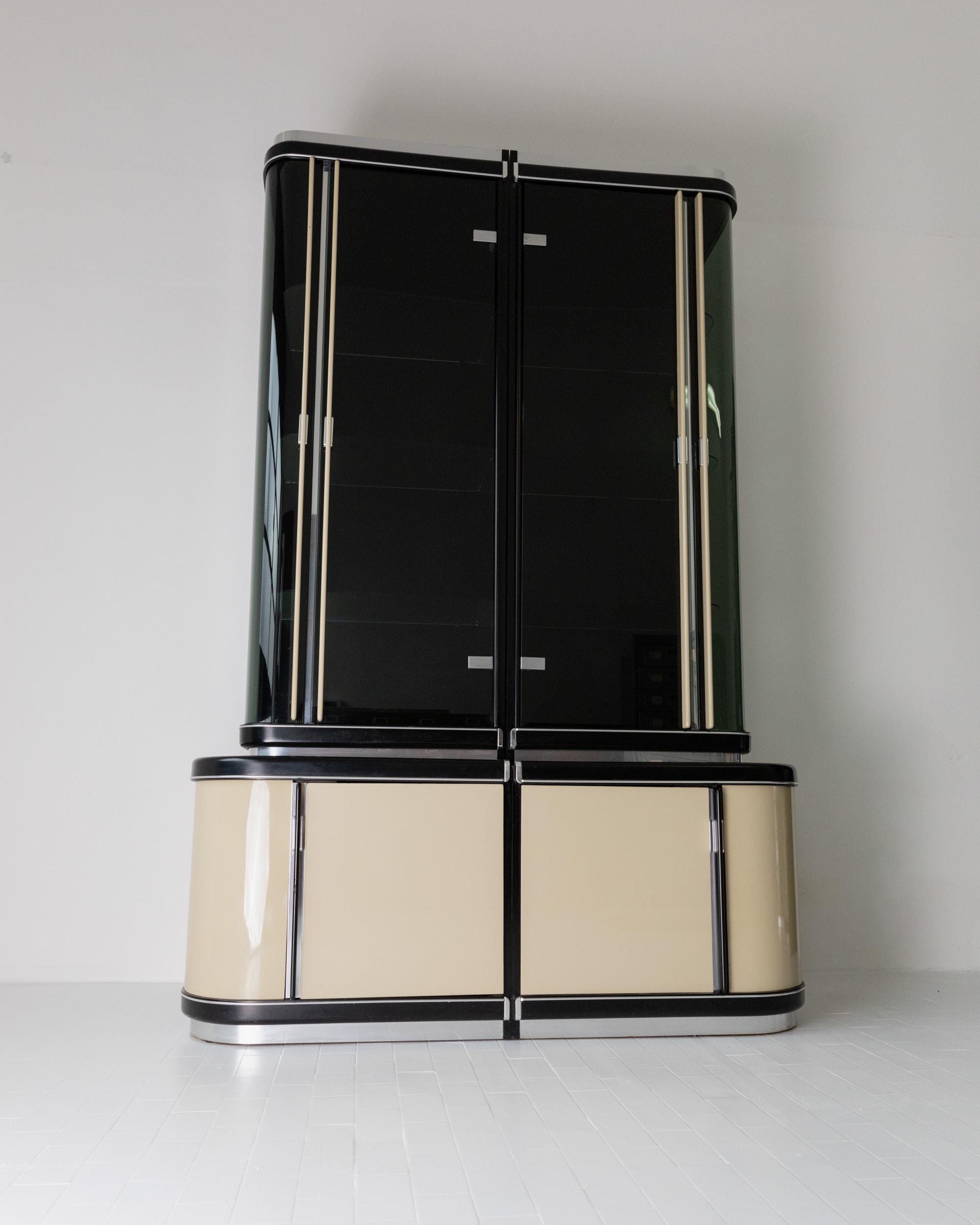 1950s Art Deco Bar Cabinet in Lacquered Wood — front view with black and cream finish