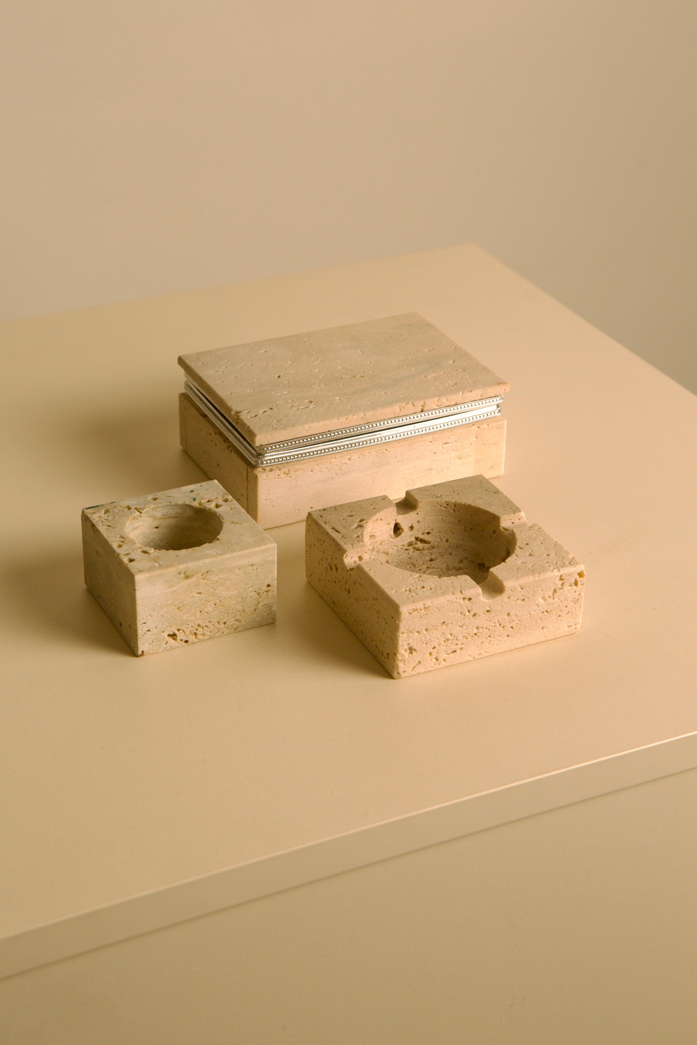 60's Italian Travertine Smoker's Desk Set — close-up of ashtray on neutral background
