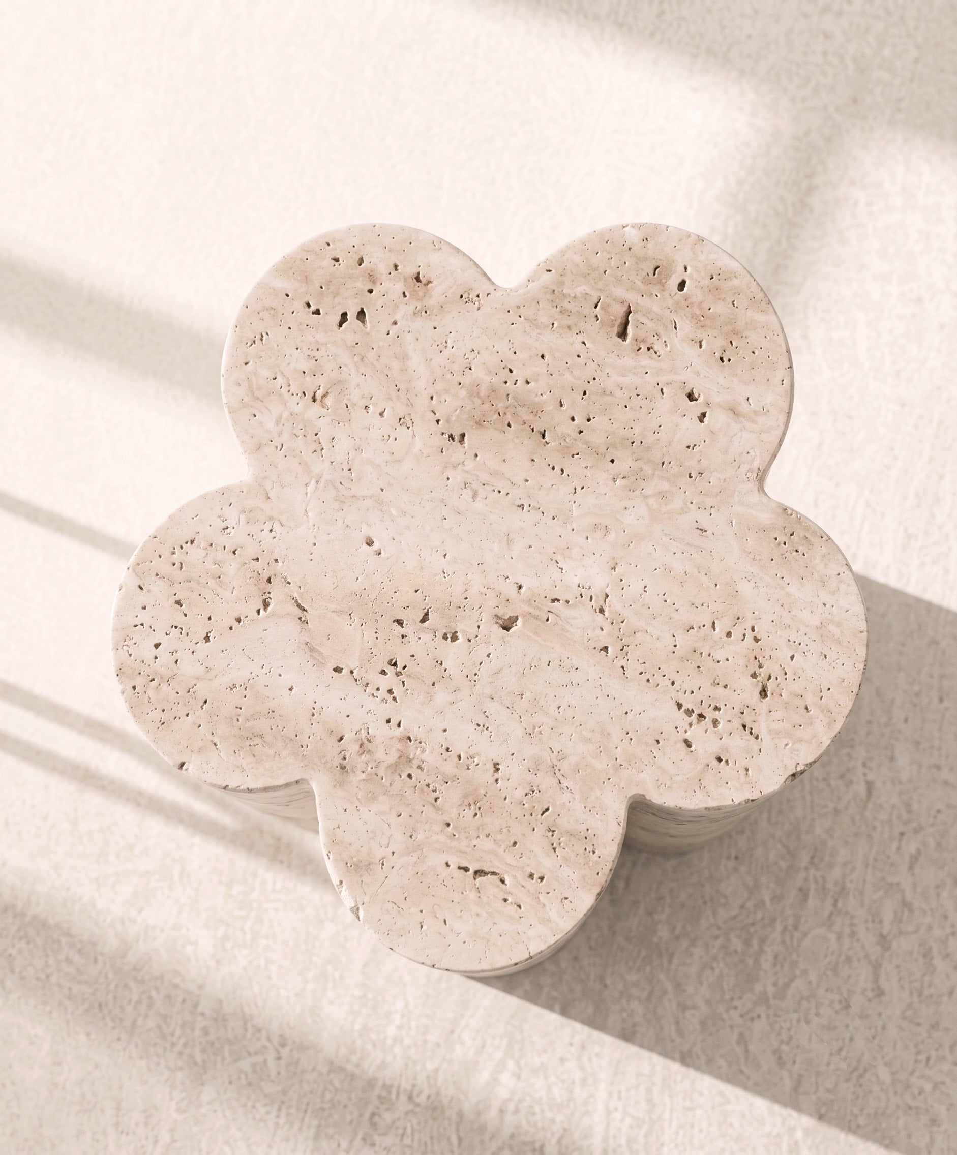 Barvinok Travertine Side Table in Stone, Floral Design,Ukraine — lifestyle setting