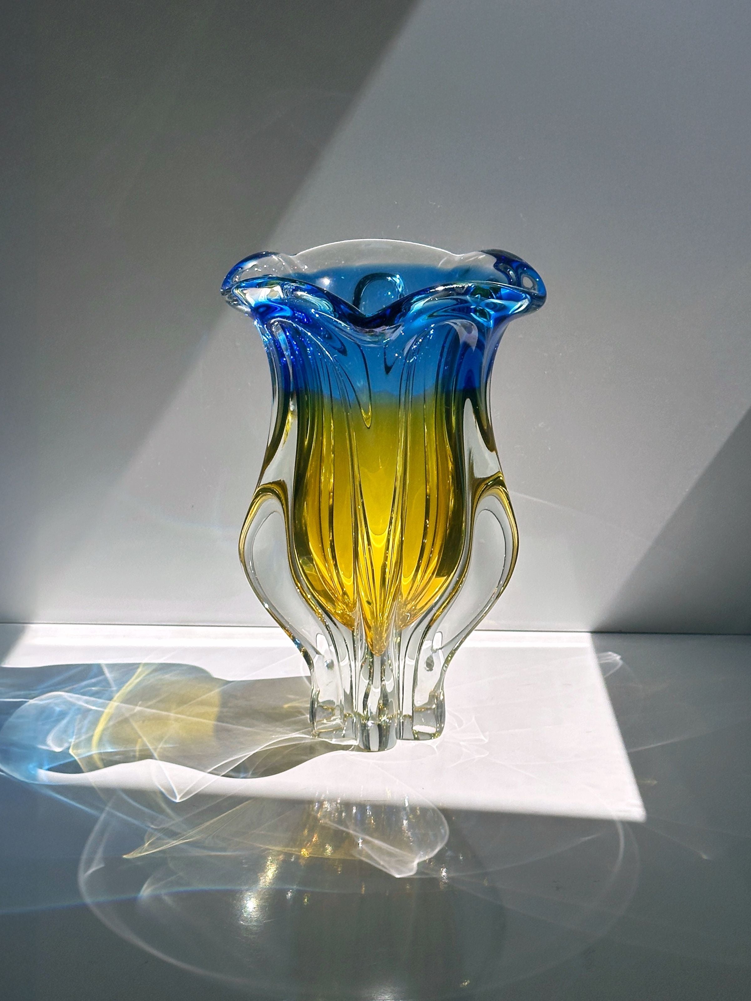 Large Bohemian glass vase with blue and yellow gradient coloring