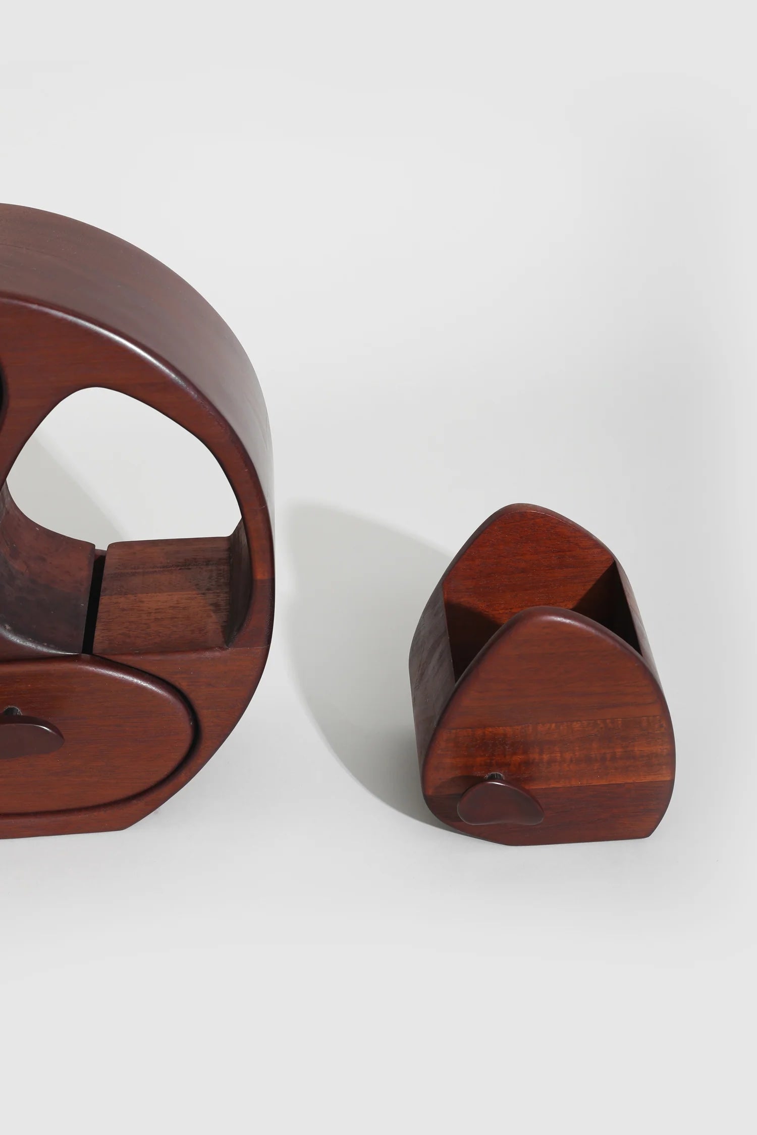 Mahogany Handmade Jewelry Box, Signed — close-up of curved wooden details