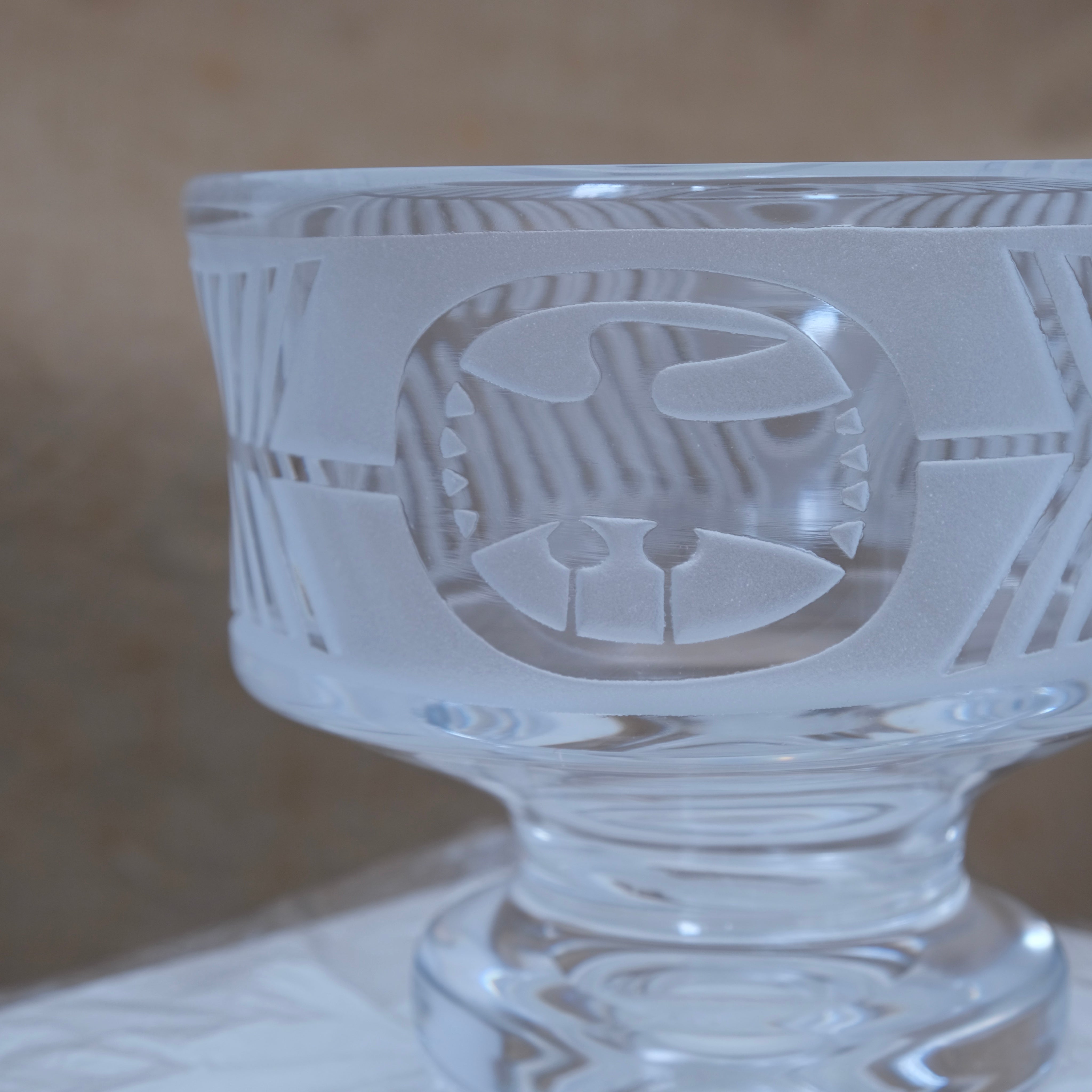 Bertil Vallien Glass Footed Bowl for Boda Åfors, 1960s — close-up showing etched glass design