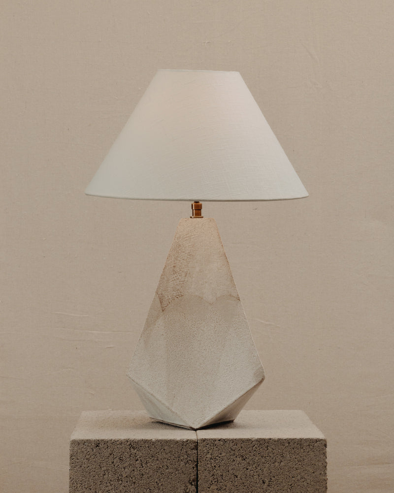 Mountain Lamp — close-up of textured concrete base and fabric shade