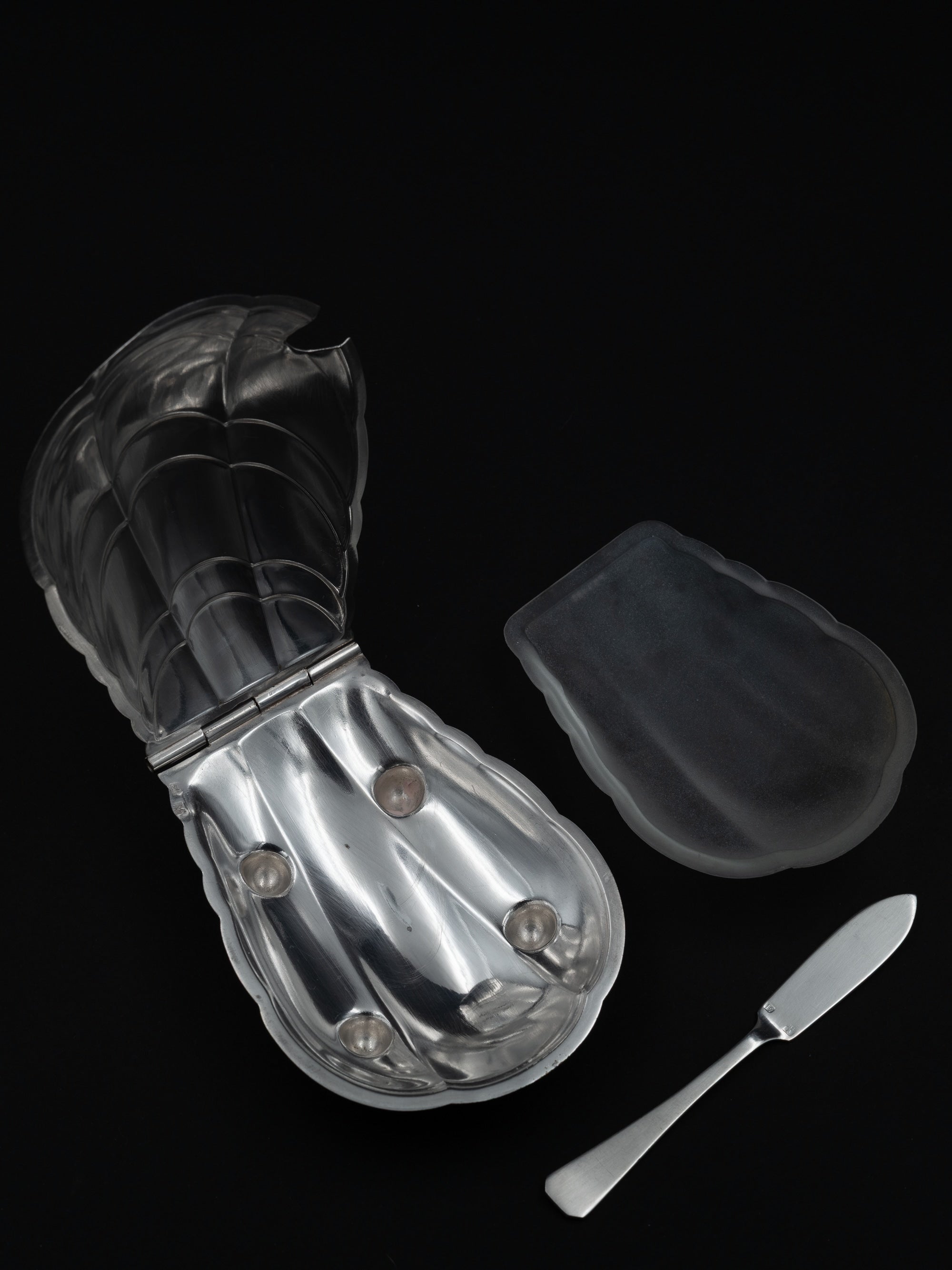 Scallop Shell Butter Dish & Knife Set, France, c. 1910s — overhead view on black background