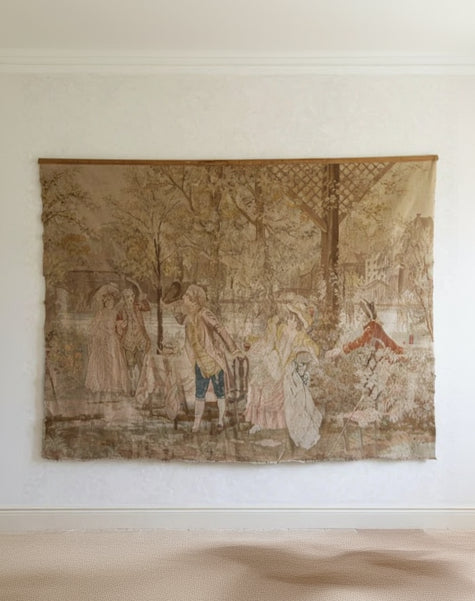 19th Century French Pastoral Tapestry — detail view of woven fabric on wall