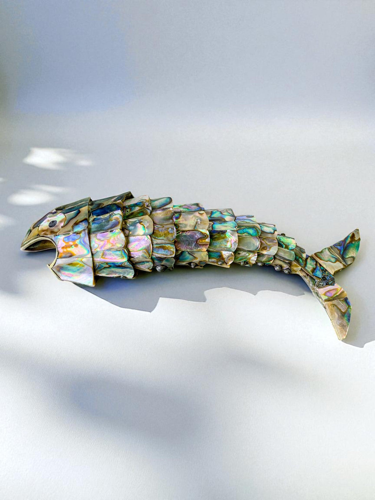 Articulated Abalone shell and Brass Fish Bottle Opener, Mexico, 1980's, 20 cm — side angle