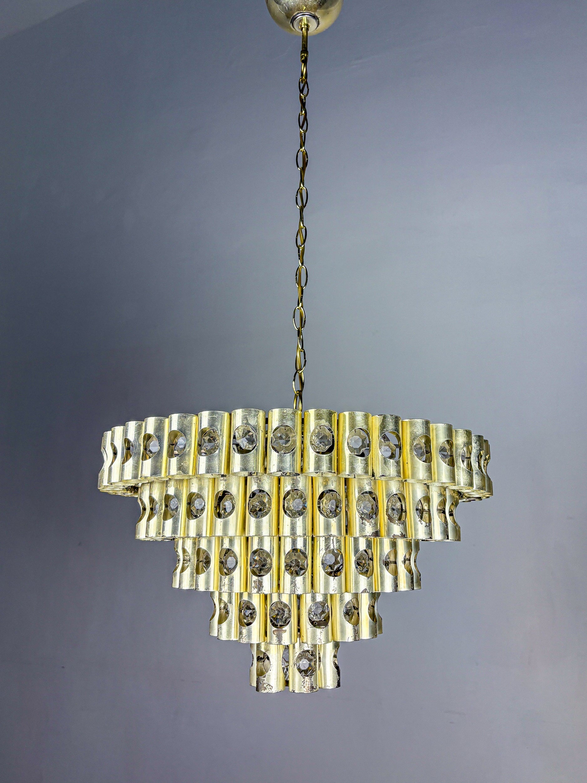 Gaetano Sciolari 5-Tier chandelier, brass & crystal, Italy, 1970s — lifestyle setting