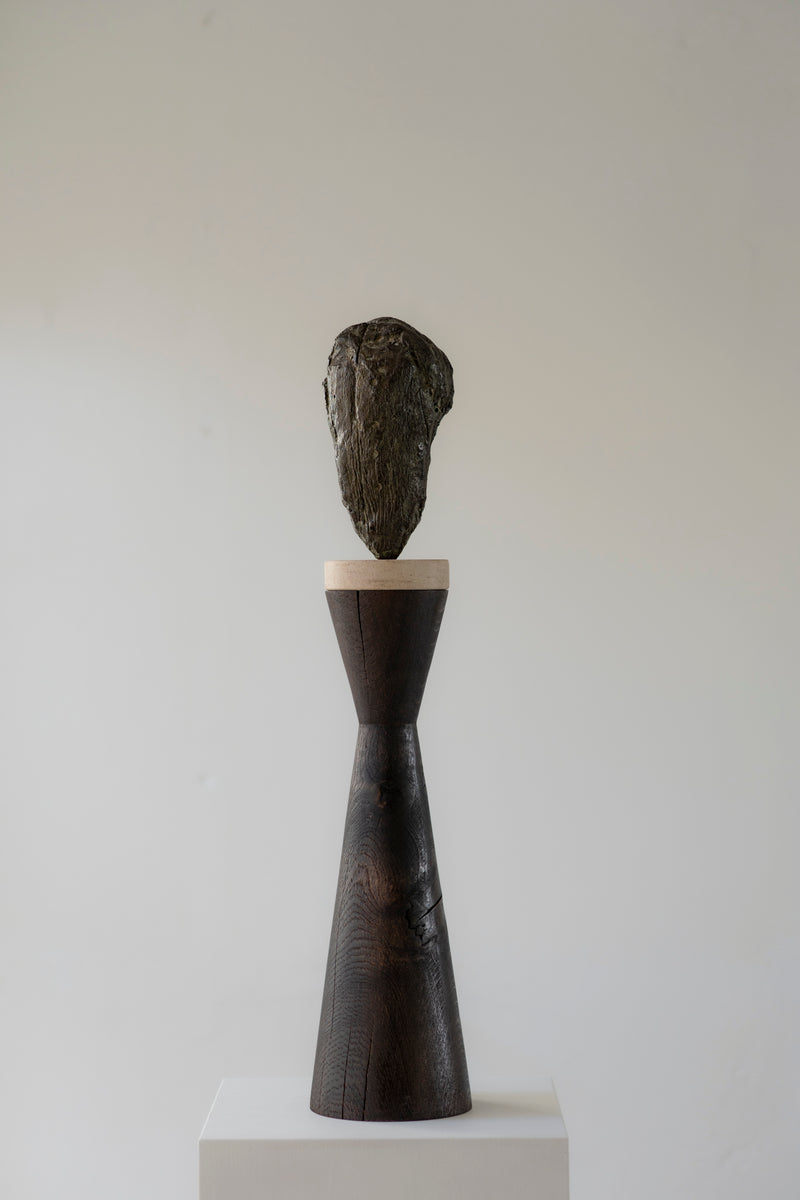 Standing Head | Bronze, Stone & Oak Sculpture — close-up of bronze head on wooden base