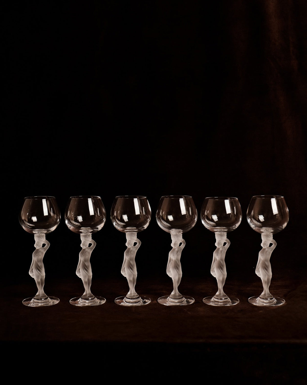 Set of 6 Crystal Port Wine Glasses with Frosted Female Stems by Cristallerie de Bayel by Truffe Studio