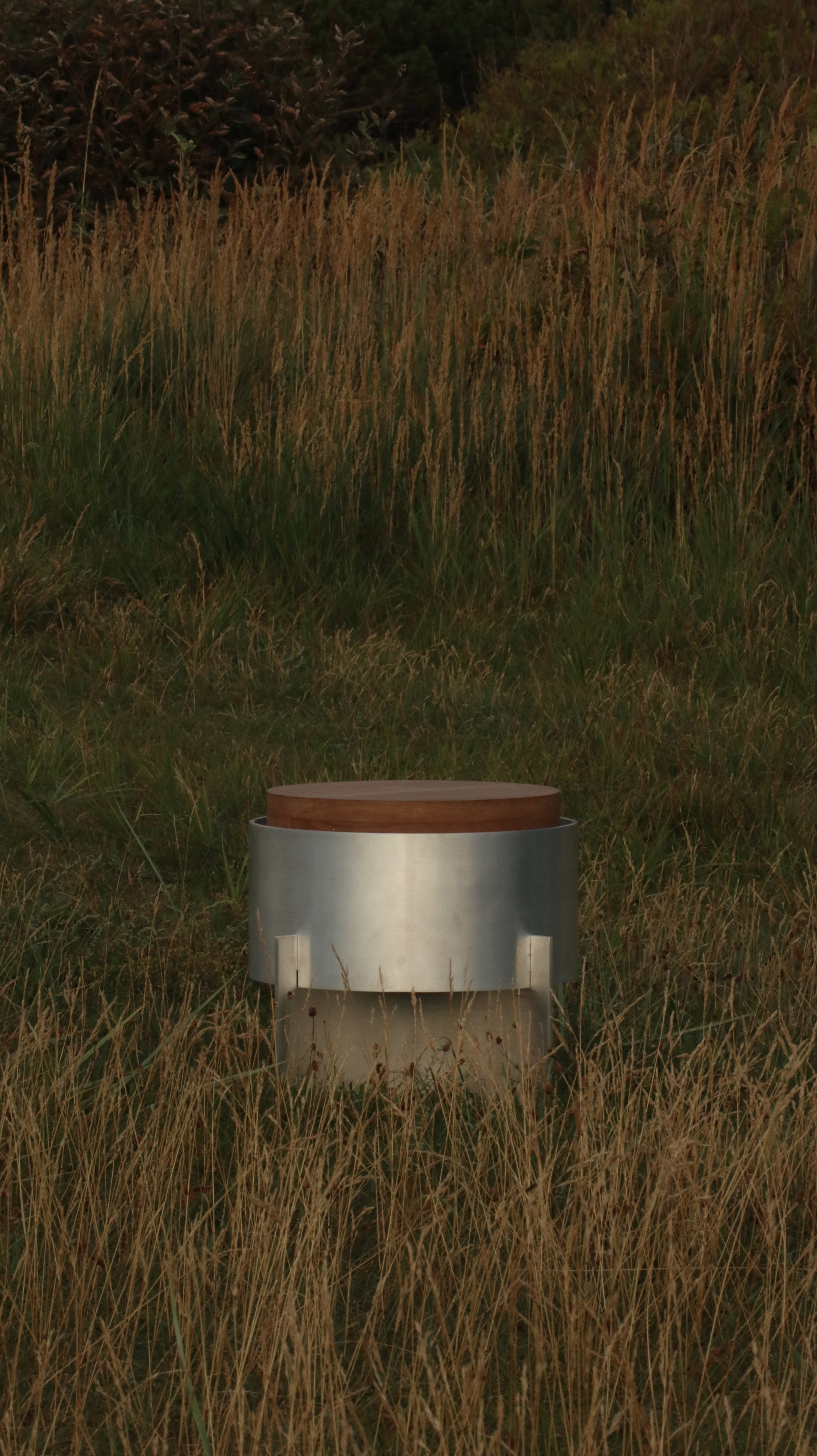 Lunar Side Table — outdoor view in tall grass with metal base