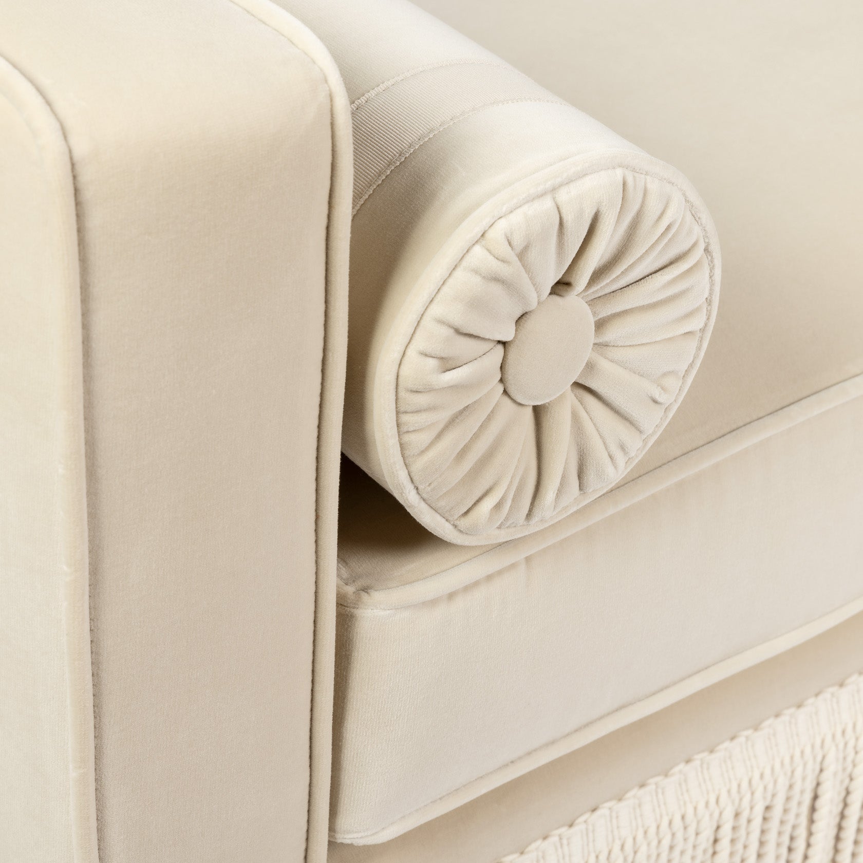 Julian Seat Bench - Velvet Pale Beige & Ivory Fringe — side angle