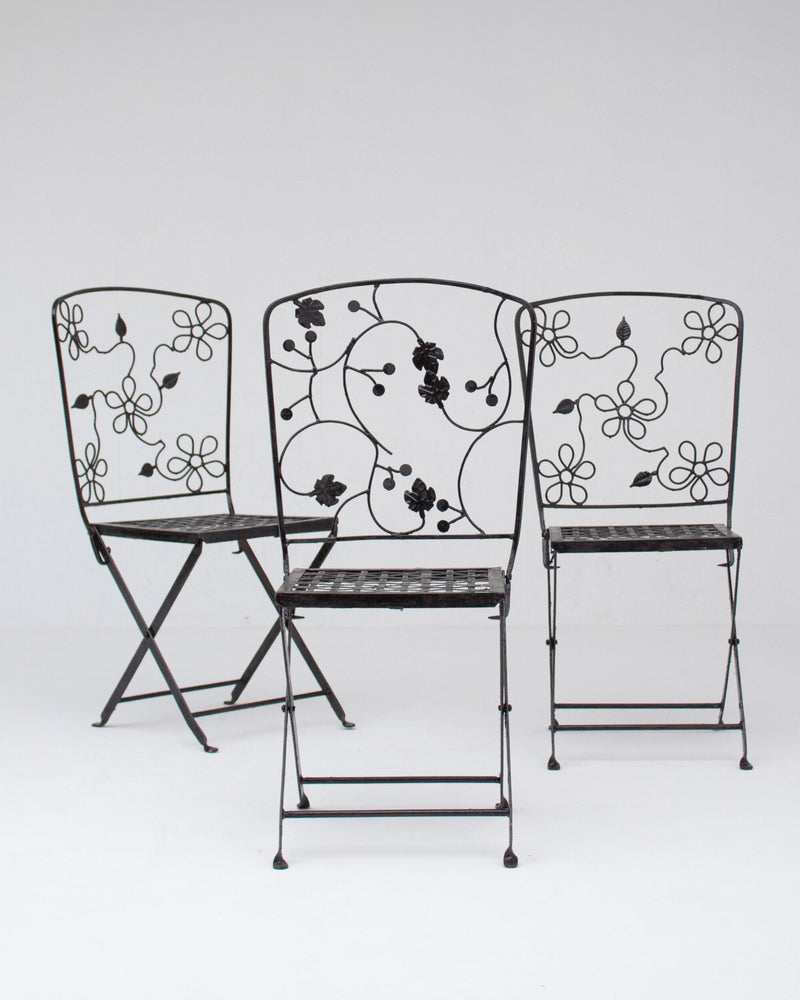 Set of Three Decorative Wrought Iron Garden Chairs with Floral Backrests by Malata Antwerp | The Oblist