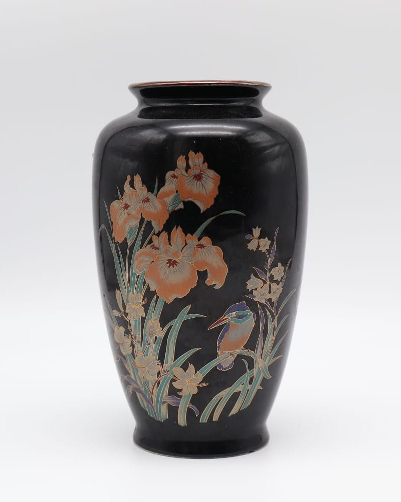 1980s Japanese Porcelain Bud Vase with Kingfisher and Iris Motif — detail view