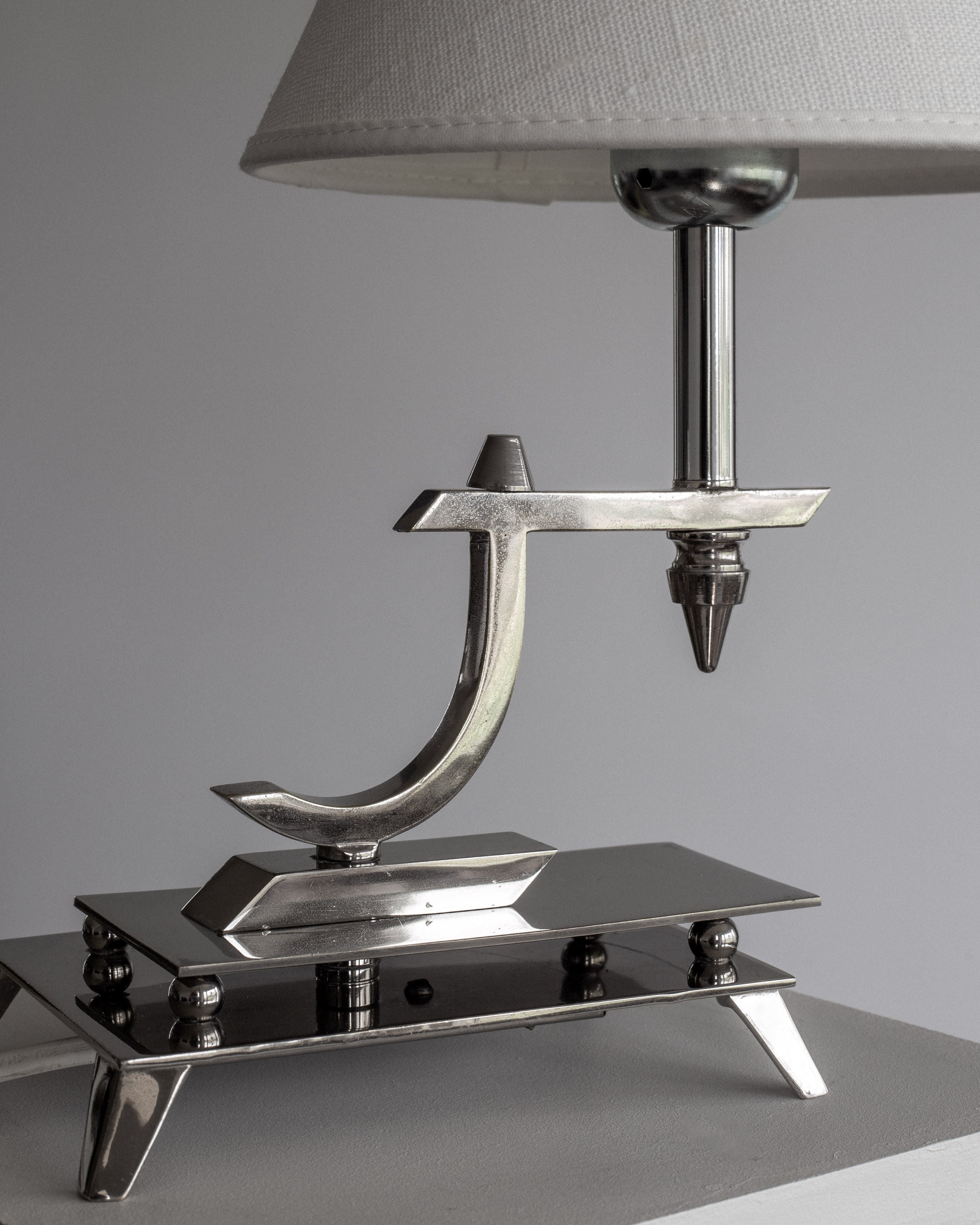 Sculptural Chrome Art Deco Table Lamp, 1930s — top view highlighting chrome base and shade