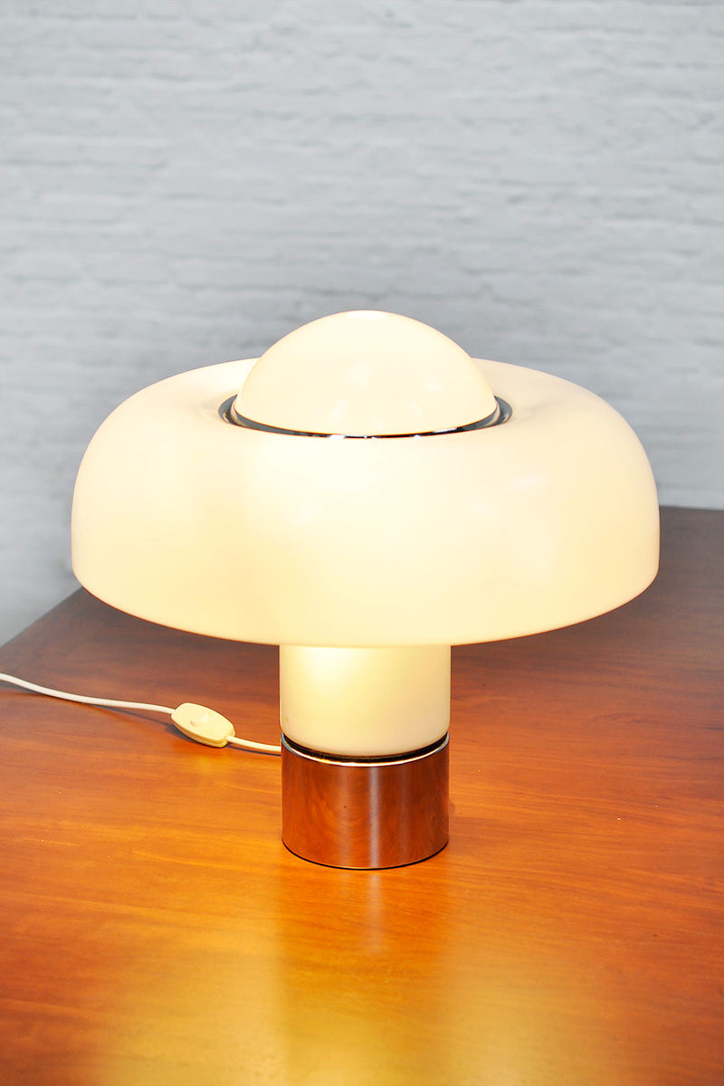 Brumbury mushroom table lamp glowing on wooden surface, 1970s design