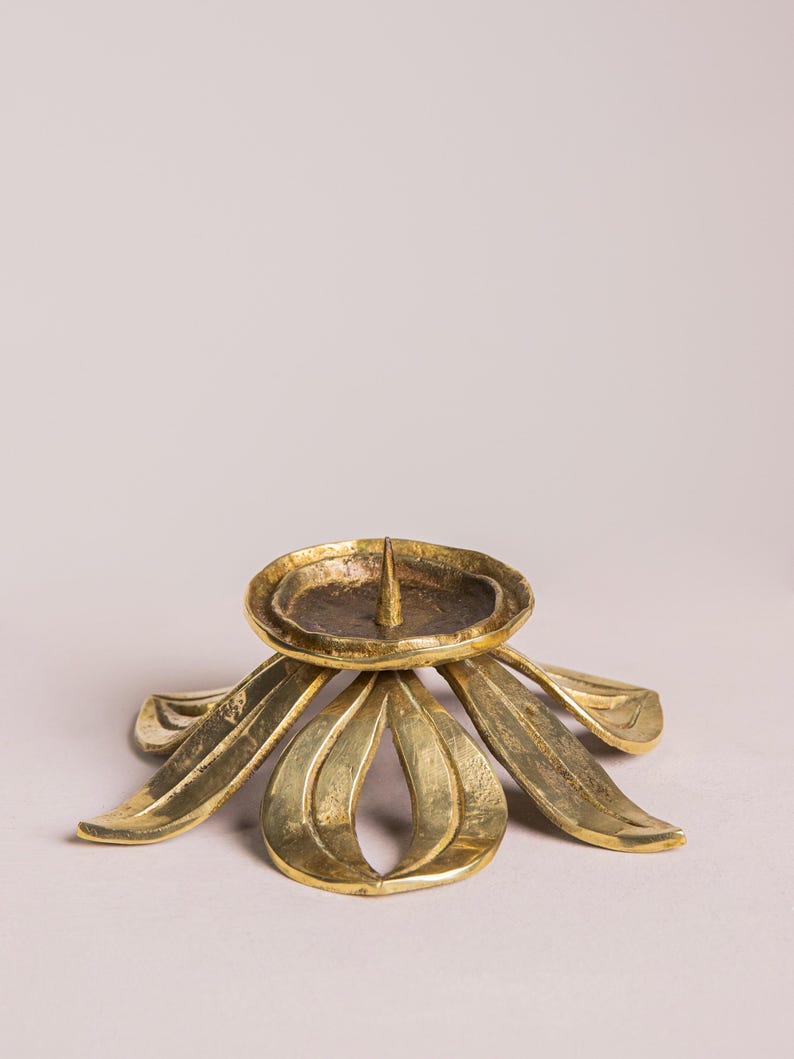Vintage Brutalist Brass Candle Holder — side angle