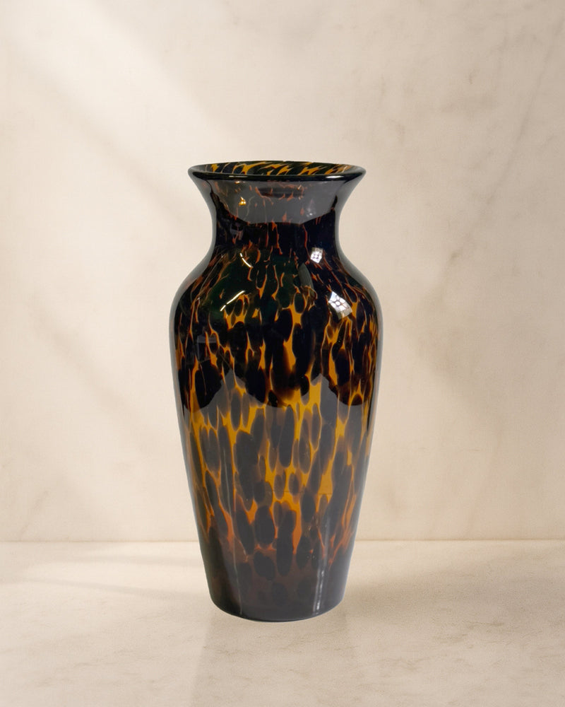 Murano tortoiseshell glass vase with amber and black swirl patterns