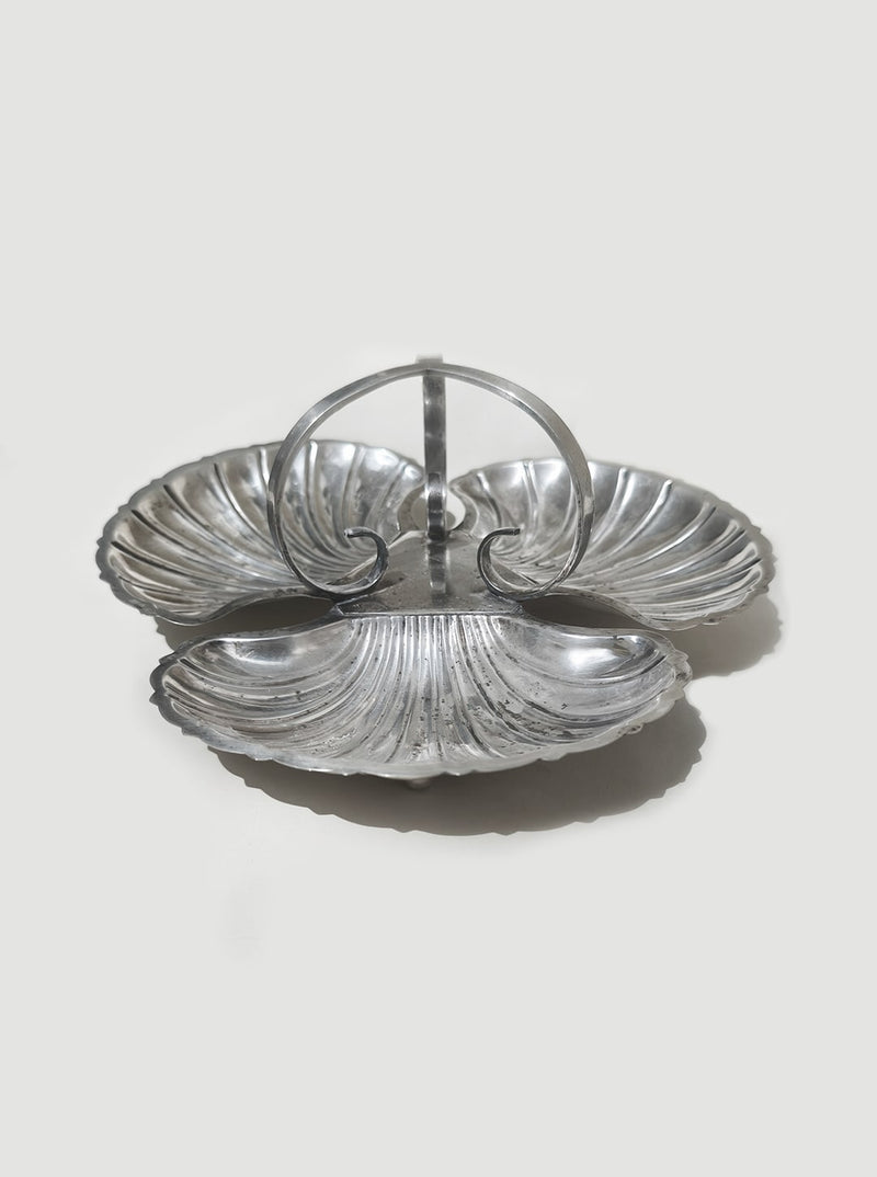 Silver-plated triple shell decorative tray with central handle