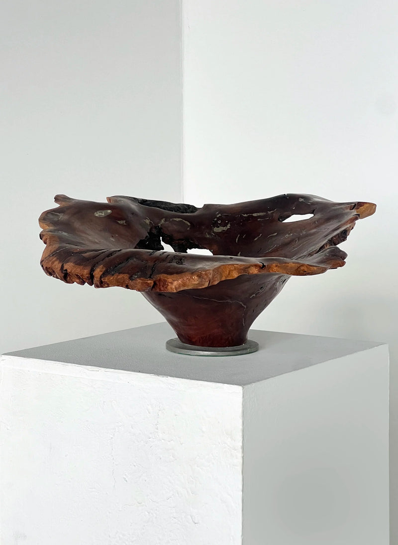 Australian Burl & Pewter bowl — close-up of textured wooden rim