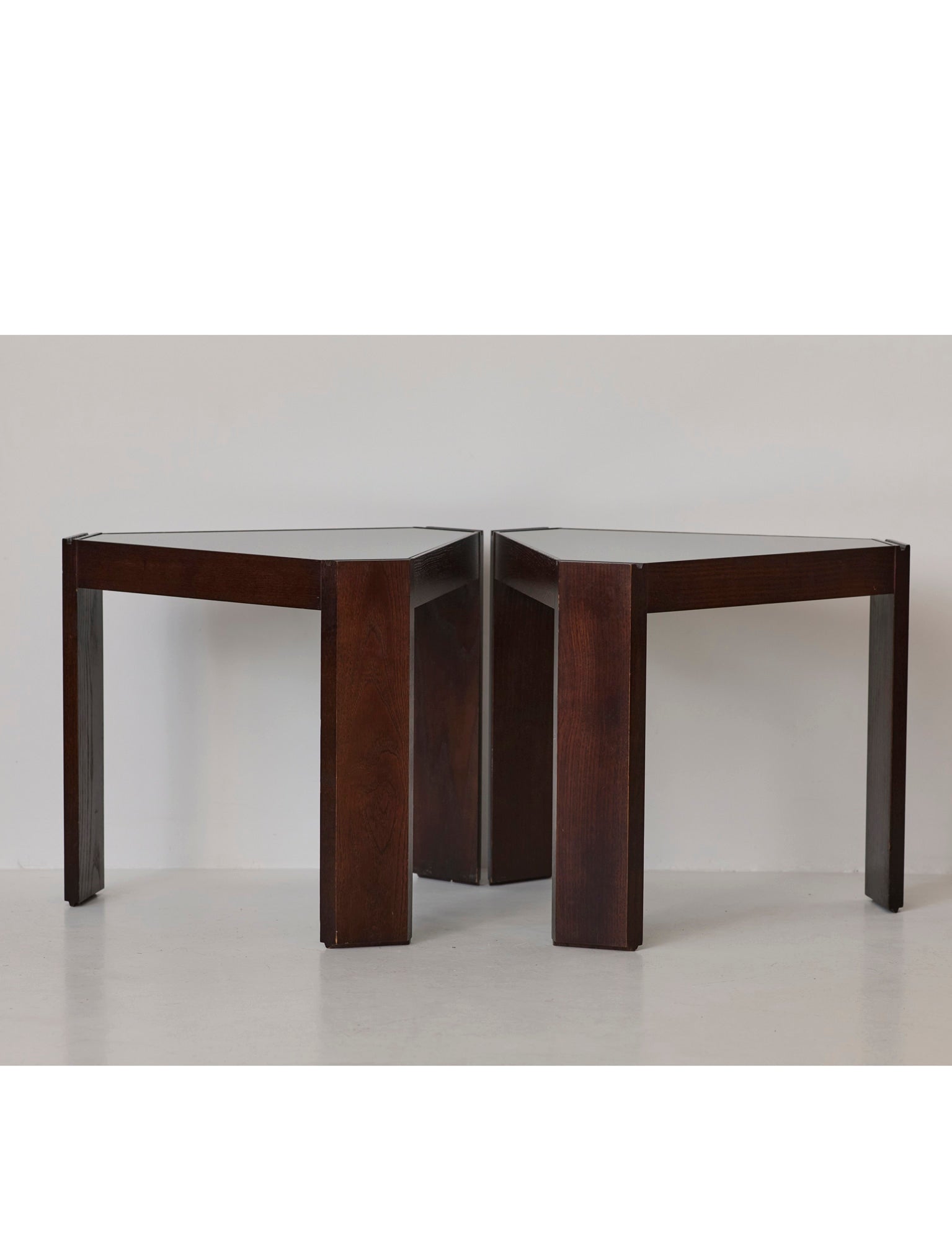 Stackable Triangular Wood and Glass Side Tables by Porada Arredi, c. 1970 — detail view