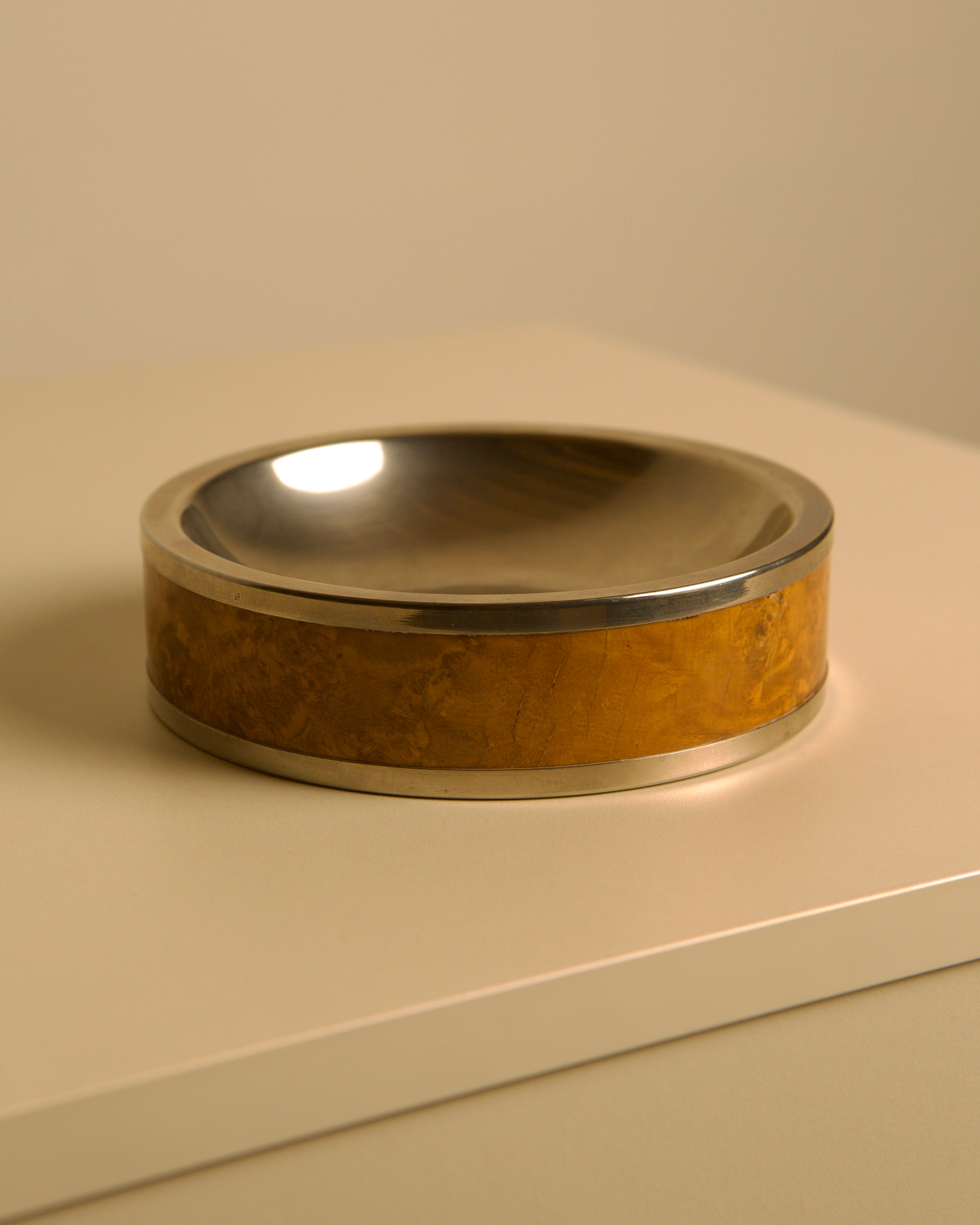 Italian 1970s poplar burl wood and metal smoking desk set — top view on neutral surface