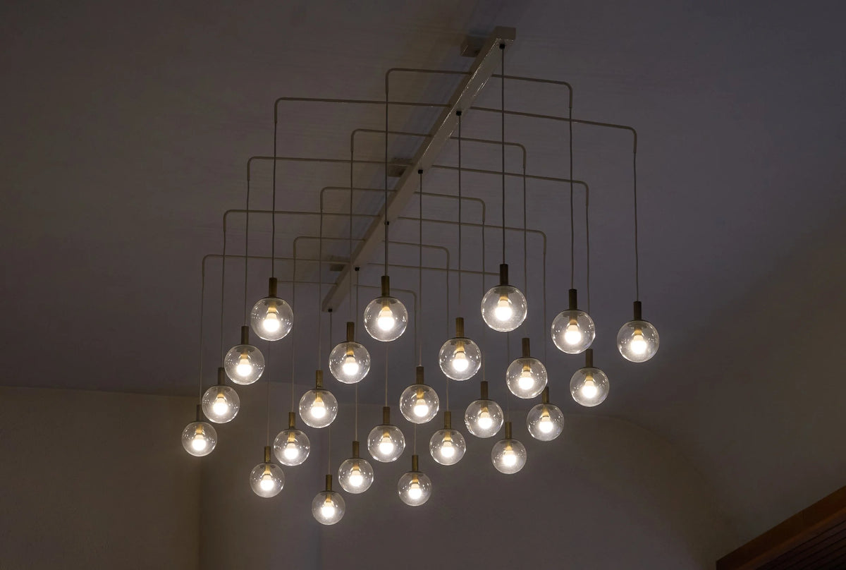Monumental Mid-Century Chandelier in Glass, Metal and Patinated Brass 1960 by ORNAMENTUM | The Oblist