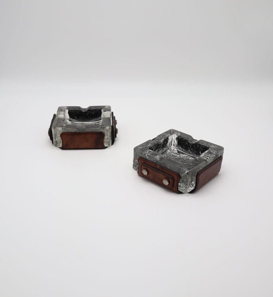 Vintage Mid-Century Ice Glass & Leather Ashtrays, 1970s — Set of 2  — detail view