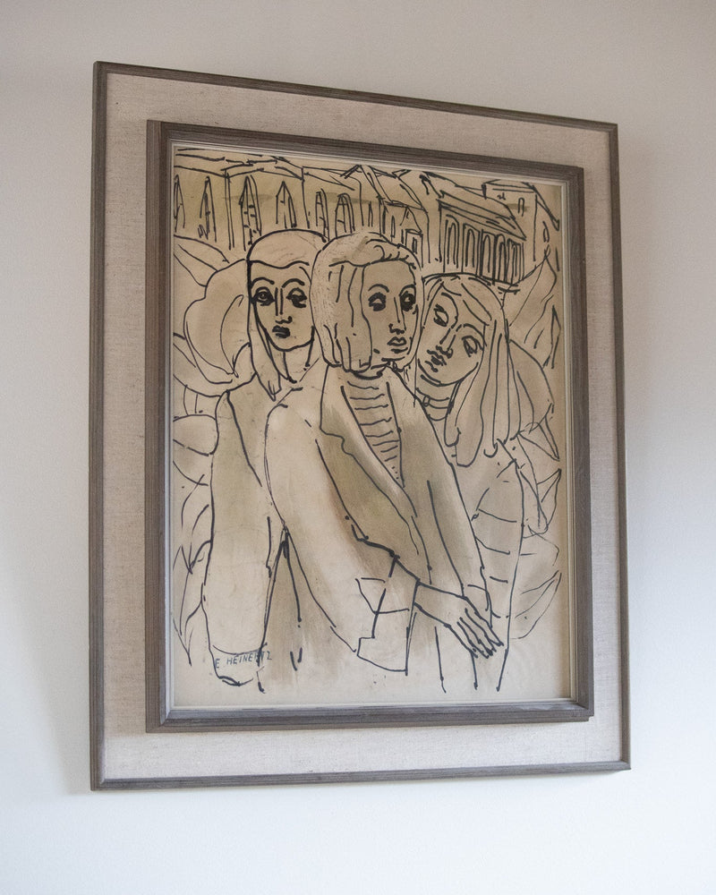 Mid-century ink drawing of three figures by Erik Heinerttz