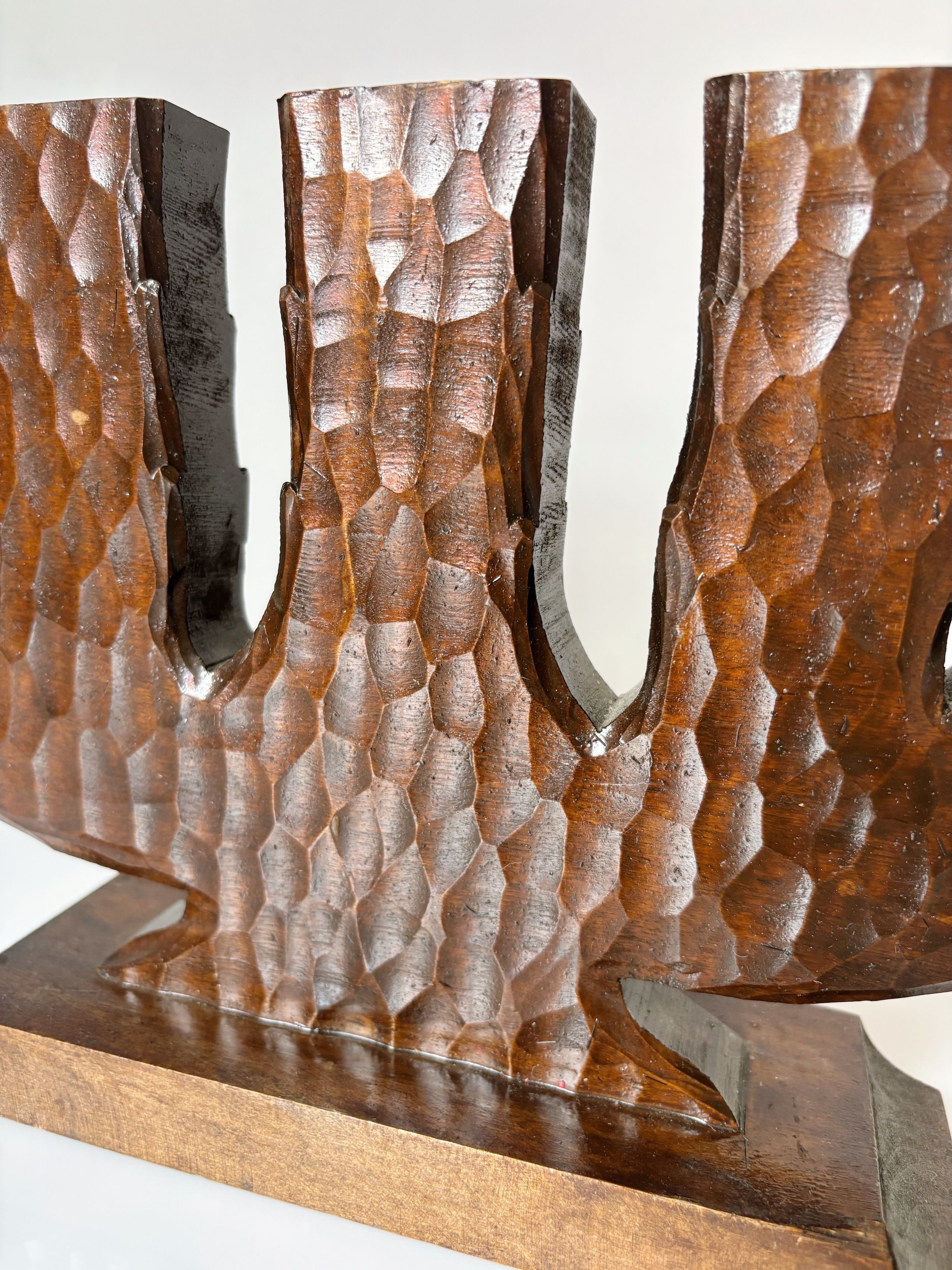Handcarved Wooden 5 Arm Candelabra, Sweden — top view highlighting textured wood finish