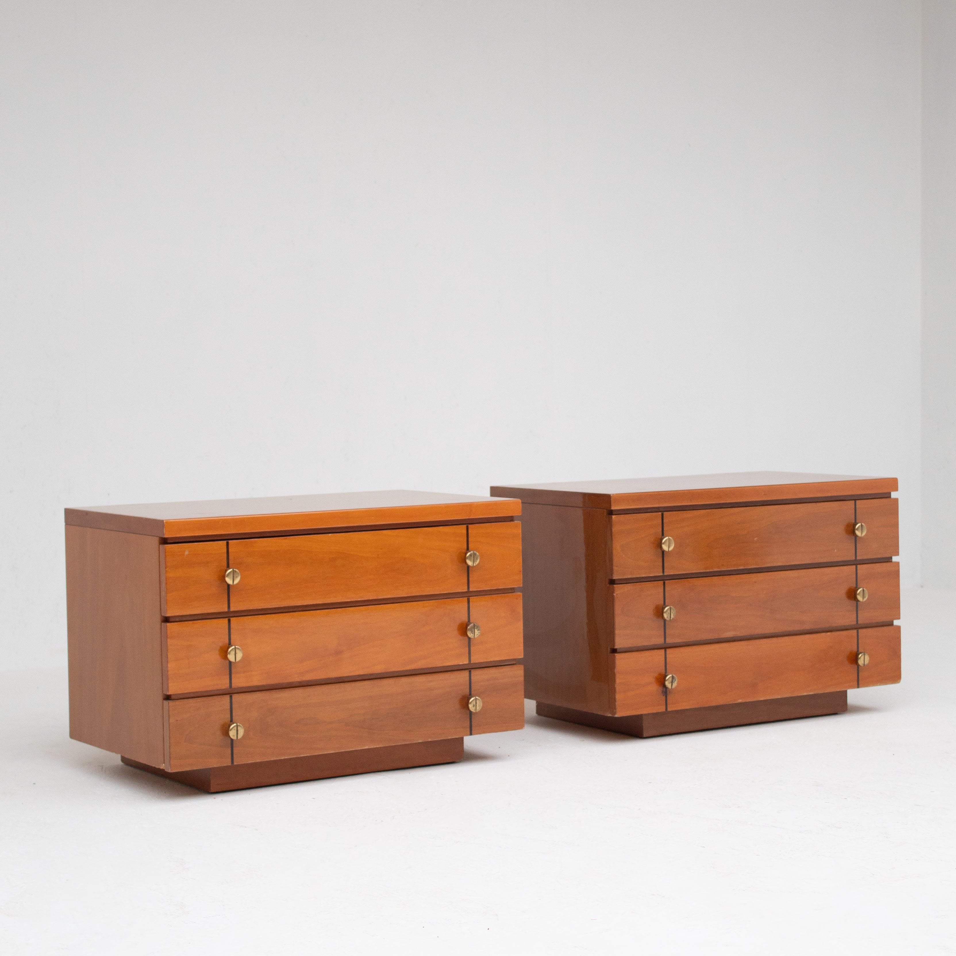 Set of Mid Century Nightstands in Wood — back view showing wooden finish and drawer details