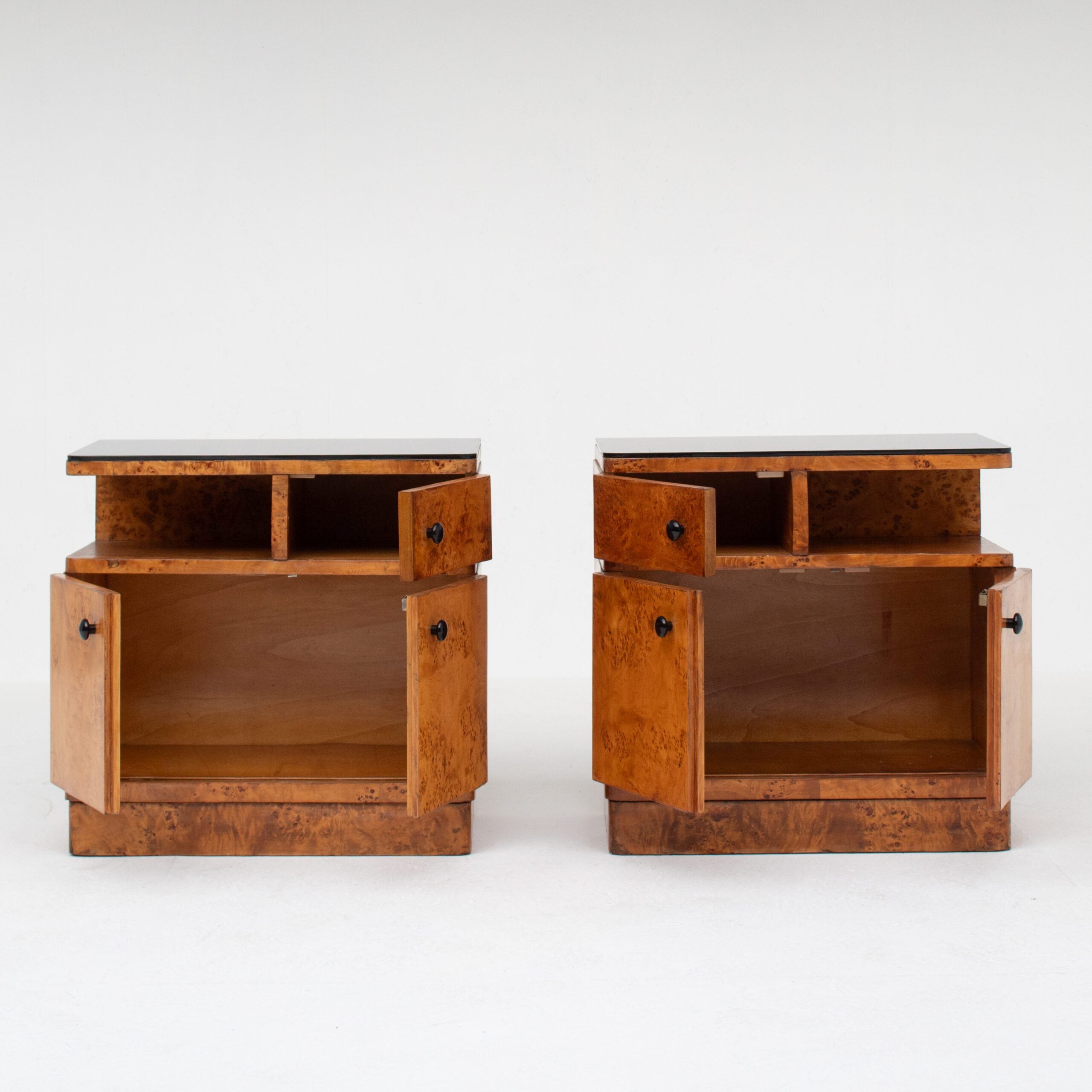 Pair of Art Deco Nightstands in Burlwood — front view with open drawers