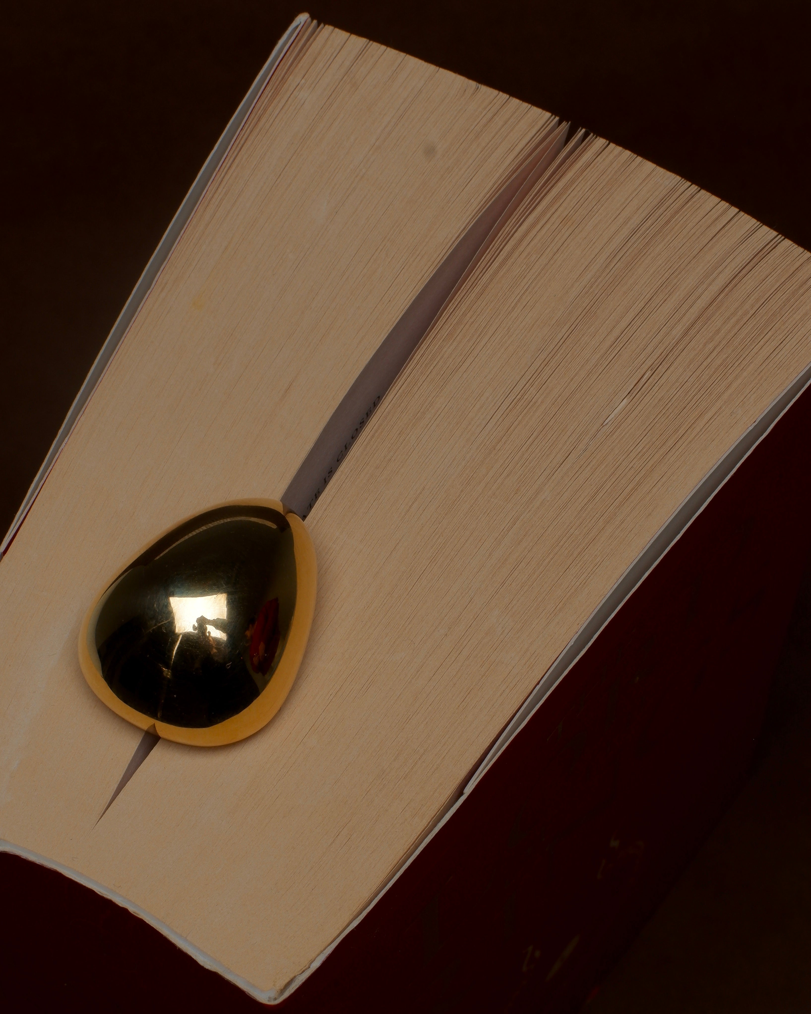 MOMI Bookmark No. 1 — close-up of brass bookmark on book