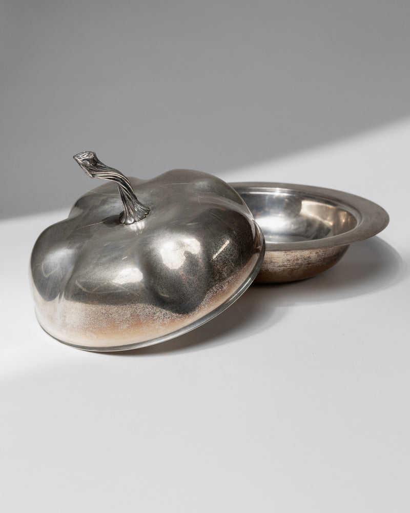 Silver plated serving bowl with ornate lid detail, 1940s
