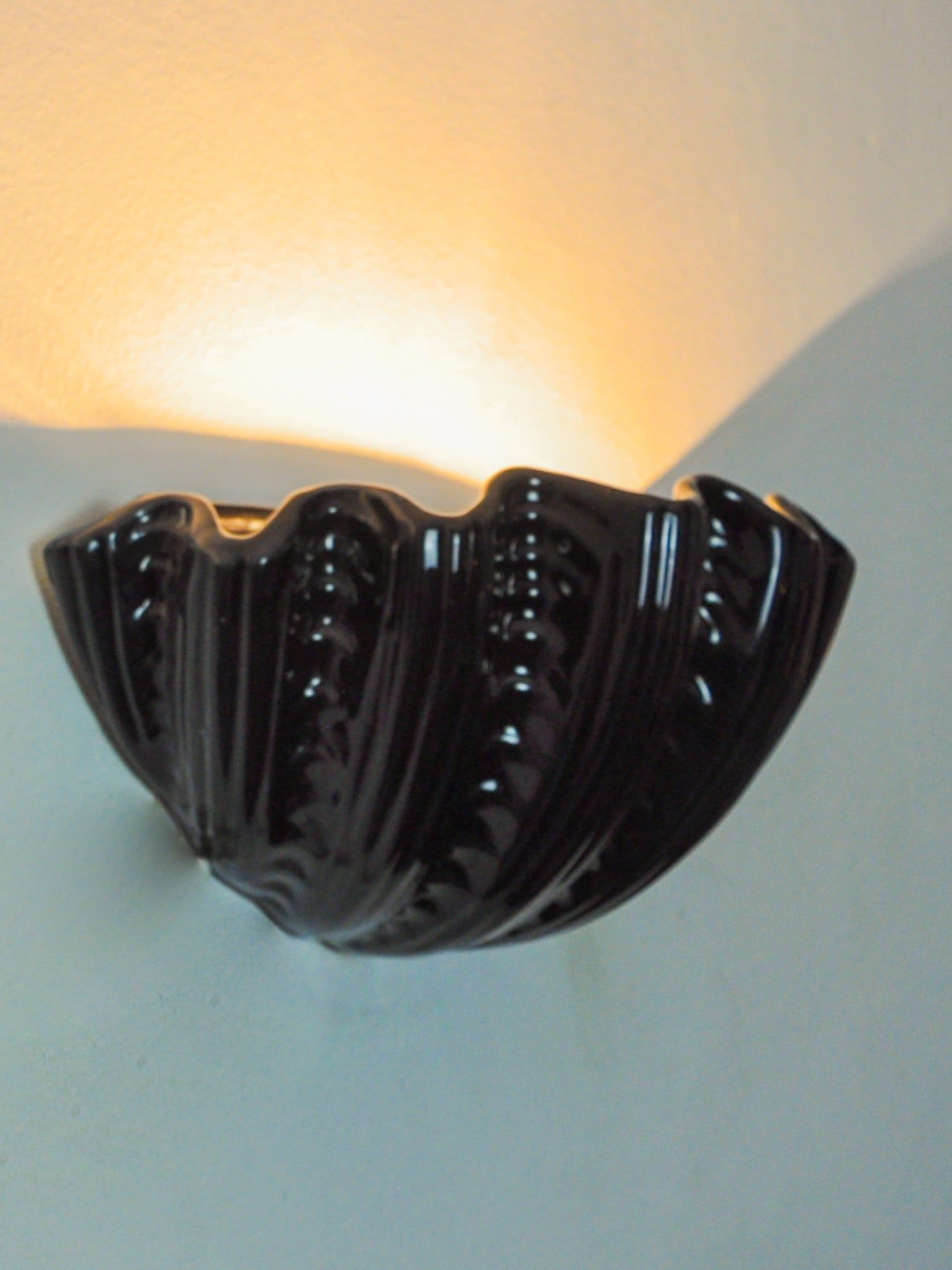 Pair of Shell Wall Lights, Black Ceramic, Italy, 1970 — close-up