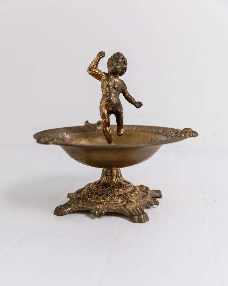 Vintage 1940s Brass Ashtray, Nude Boy Figurine on Footed Base, Romantic Sculptural Design, Decorative Table Accent, Elegant Gift Idea — detail view