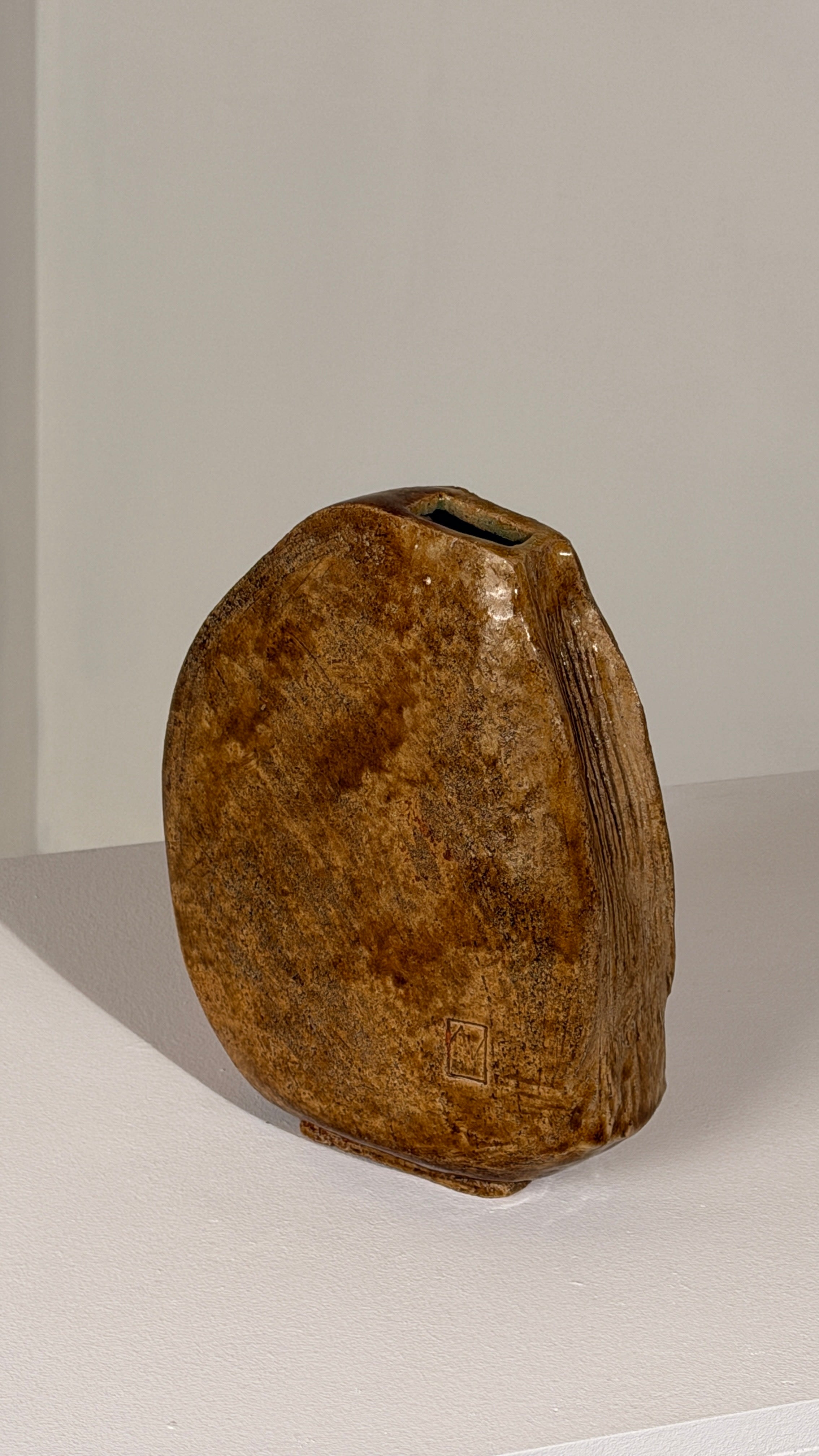 Stoneware Vase, attributed to Antoine de Vinck, Belgium, 1970 — angled view on white surface
