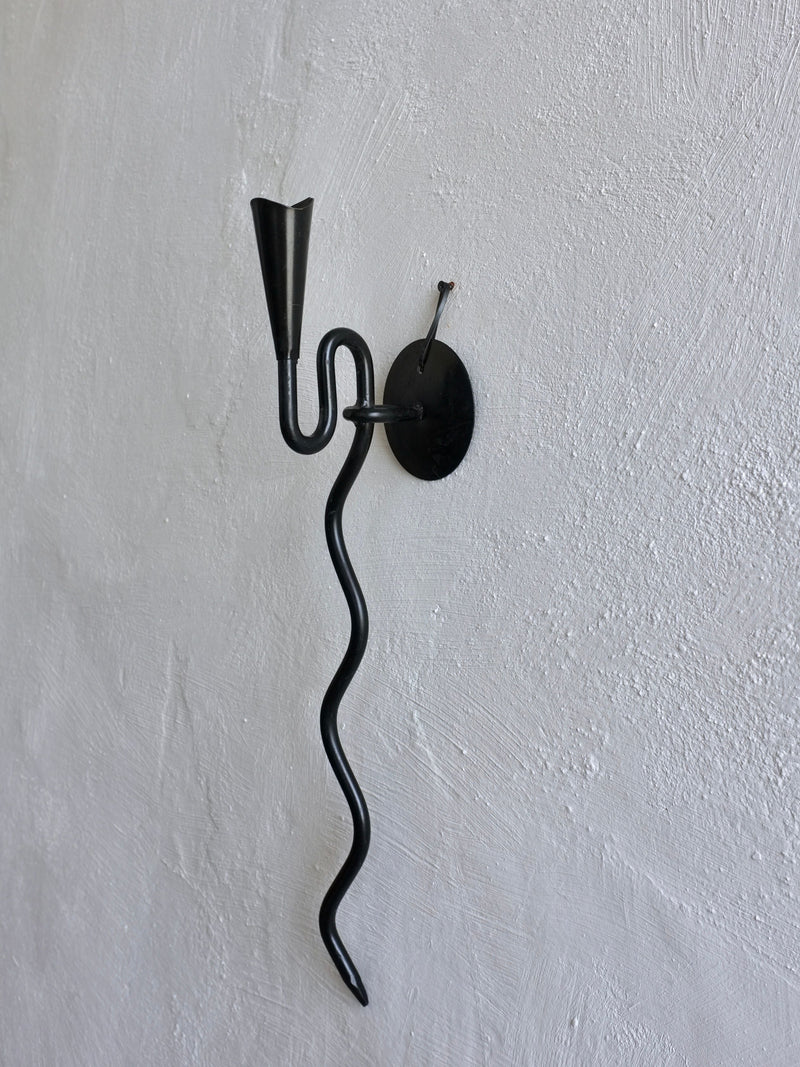 Brutalist Black Snake Wall Sconce Candle Holder, 1960s — close-up of black metal design