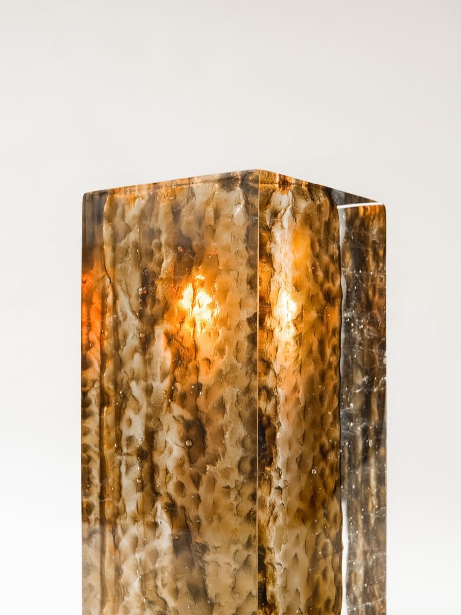 Brutalism Candle Holders in Glass - GEODA Collection — close-up of textured amber glass surface