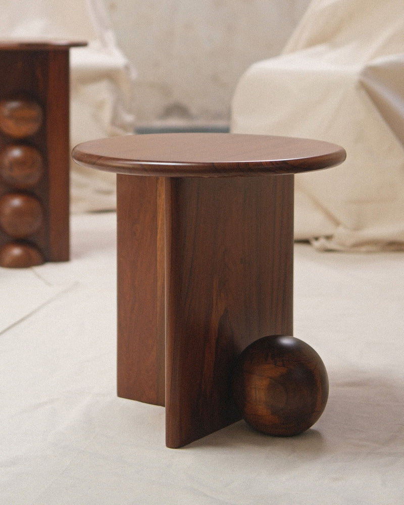 Dory walnut side table with spherical base detail by Studio Indigene