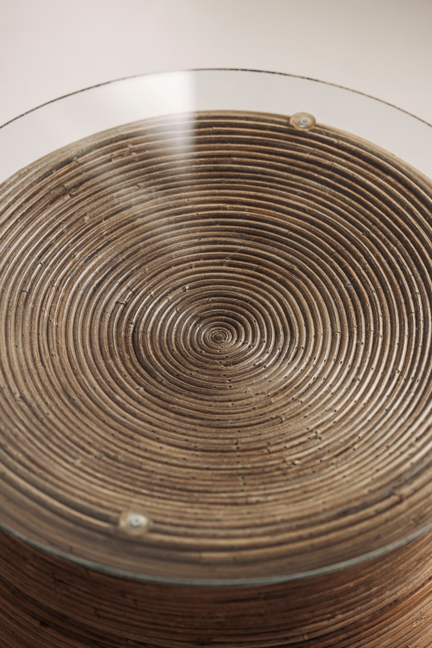 Reed side table with glass top, Italy 1960s — close-up