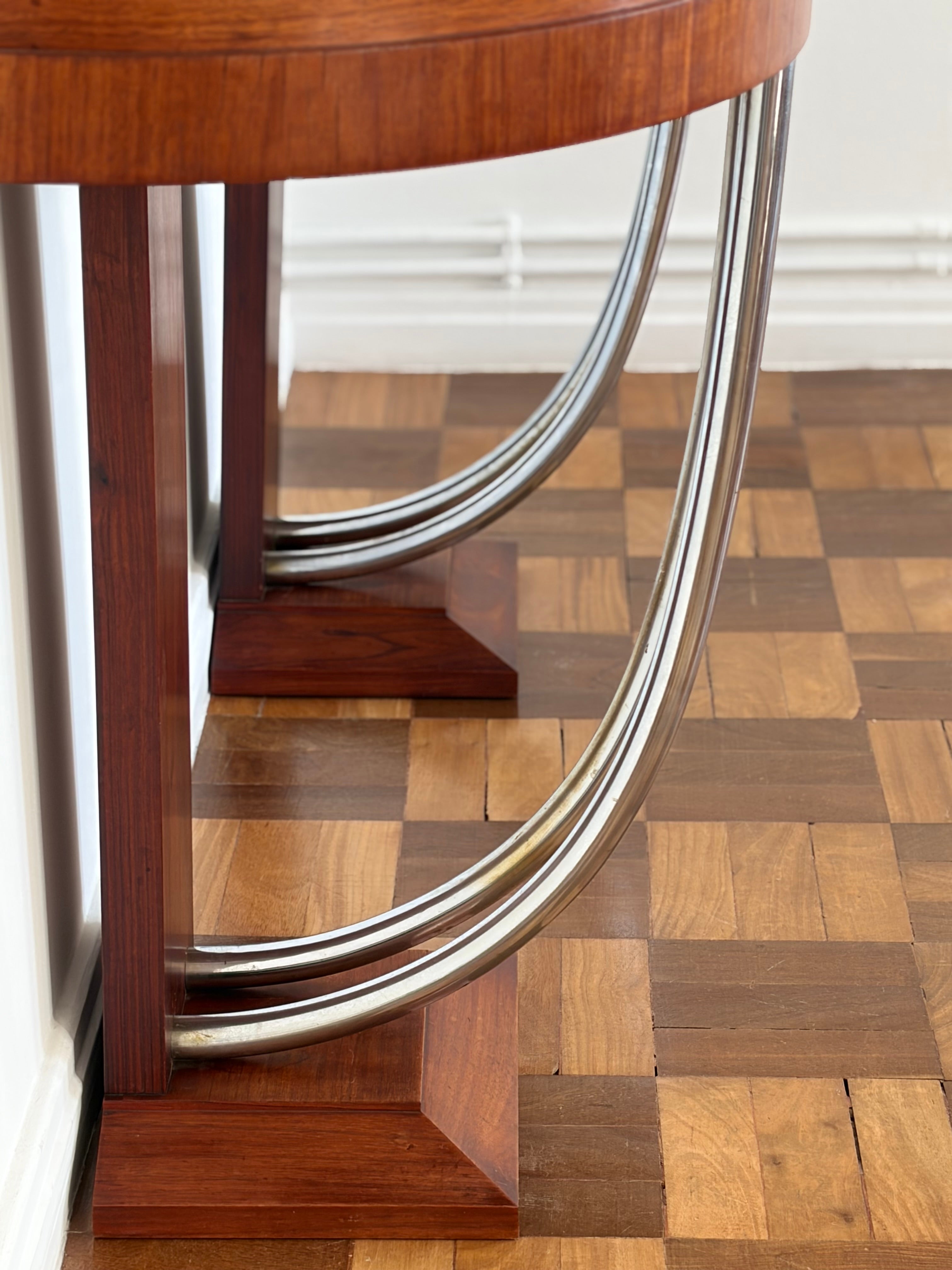 French Art Deco Rosewood Demilune Console Tables, Pair, c. 1930s — close-up
