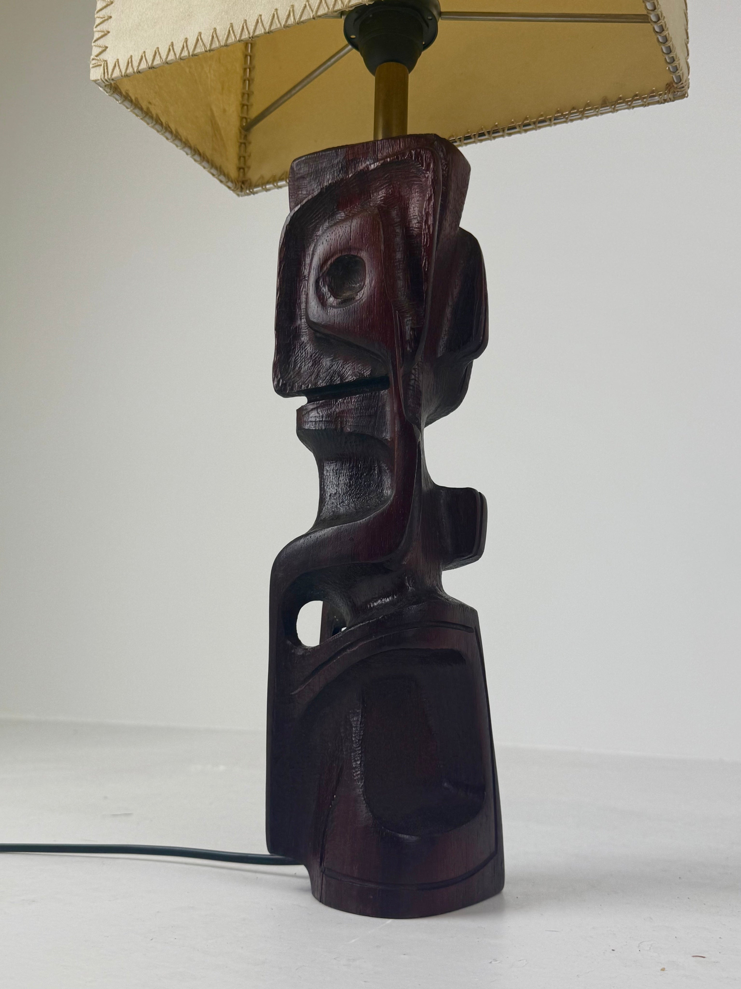 Hand-carved wooden sculptural table lamp by Gianni Pinna — alternate view