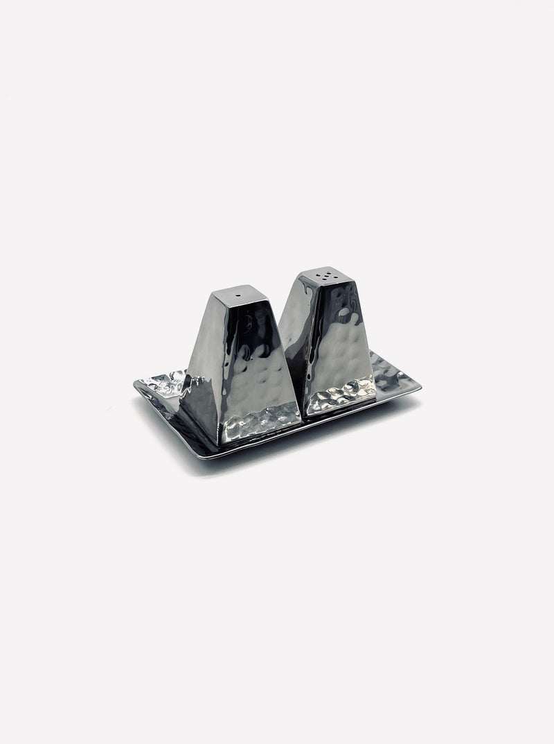 Vintage stainless steel pyramid salt and pepper shakers on tray