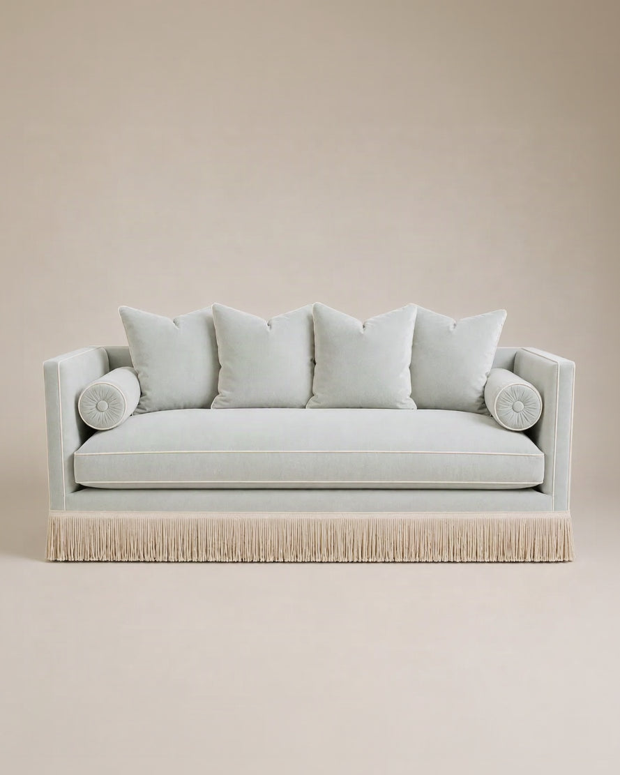 Steph Sofa 200 cm - Velvet Seafoam & Ivory Piping - Fringe by RIJD Interior | The Oblist