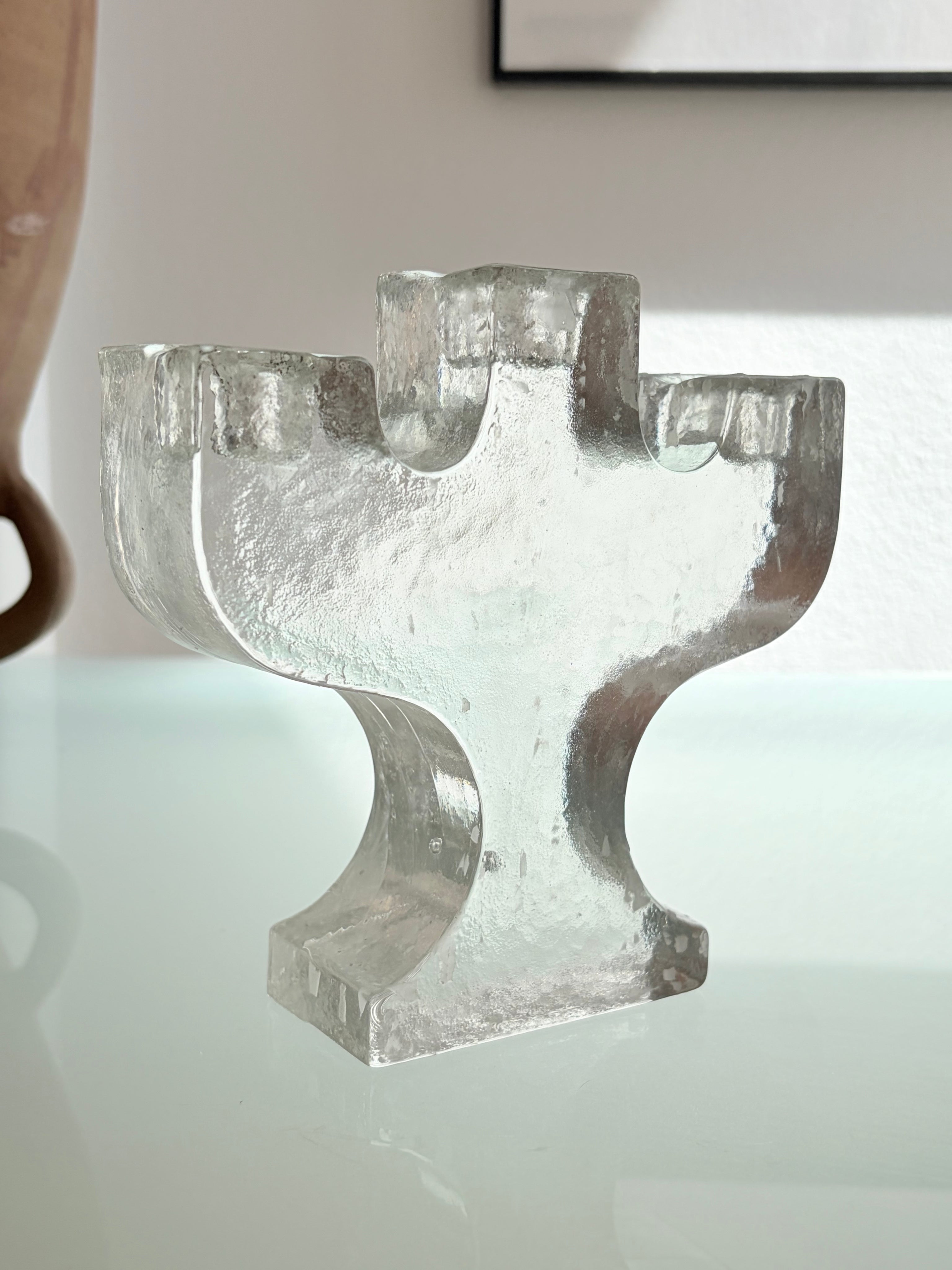 Brutalist Cast Glass Candelabra, Attributed to Pukeberg, Sweden, 1960s — lifestyle setting