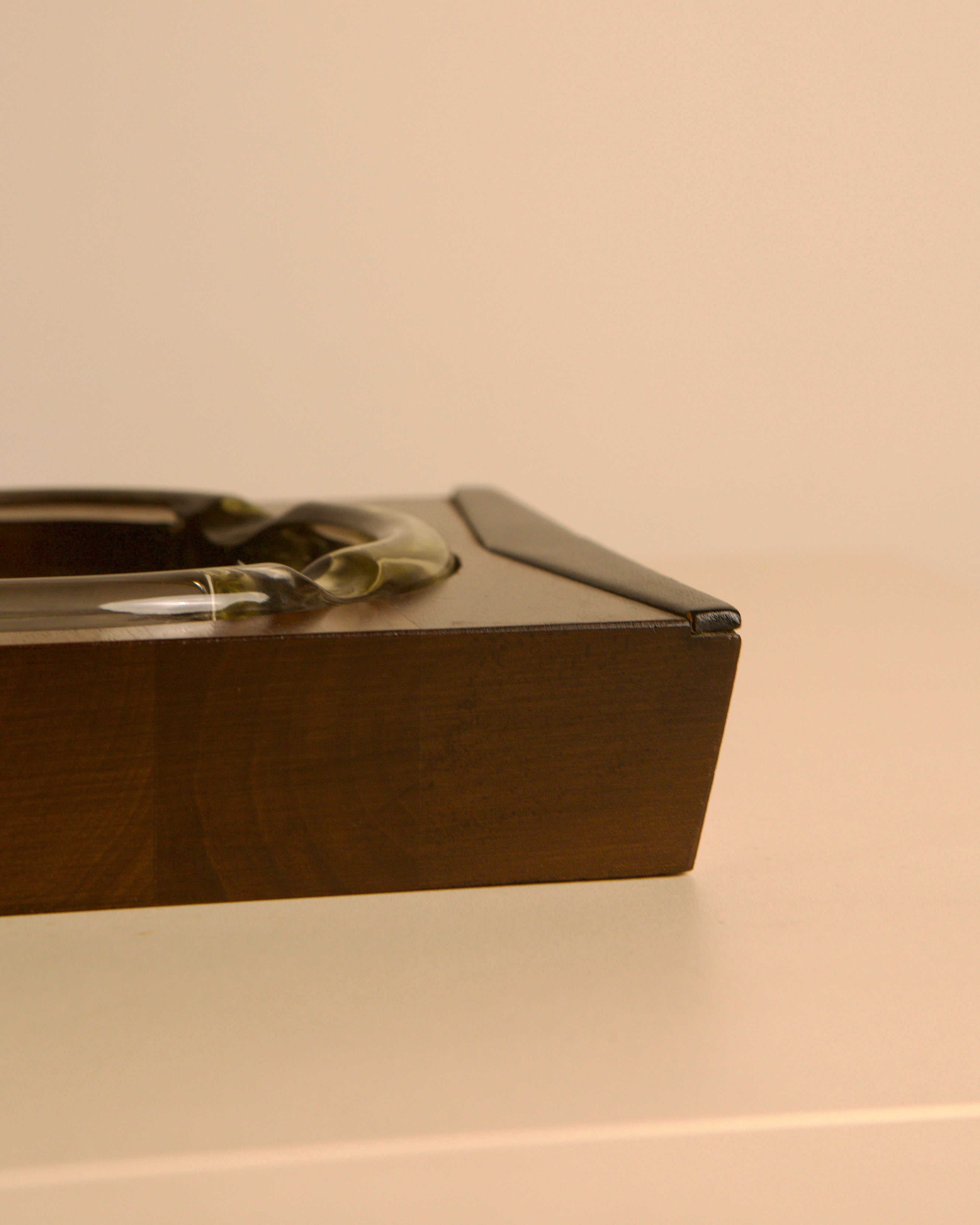 Italian solid wood and black leather ashtray, 1960s — side angle